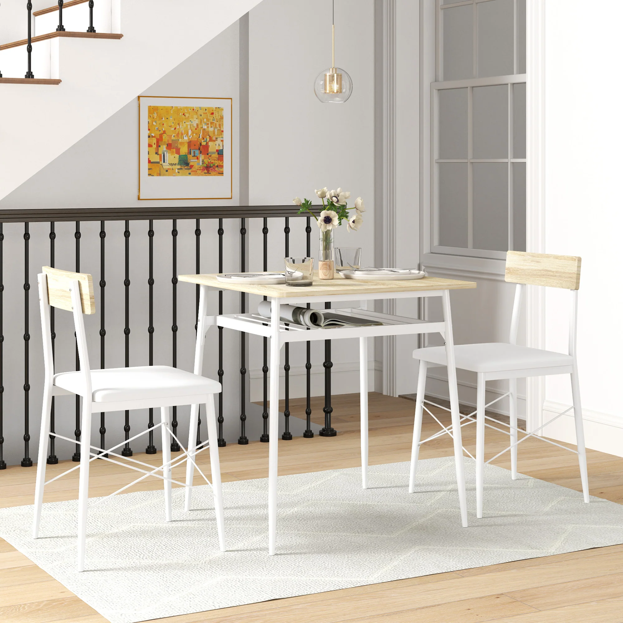 Ensemble table et chaises, table de cuisine avec chaises, structure en acier, avec 2 chaises encastrables, pour cuisine salon maison, blanc et chêne - Image 3