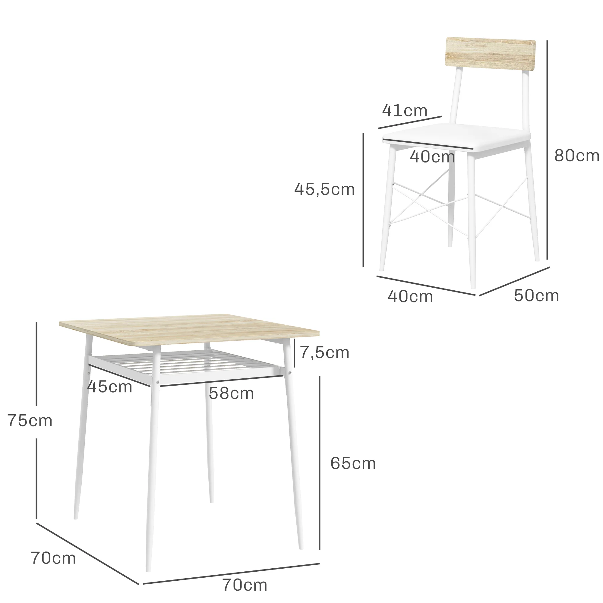 Ensemble table et chaises, table de cuisine avec chaises, structure en acier, avec 2 chaises encastrables, pour cuisine salon maison, blanc et chêne - Image 4