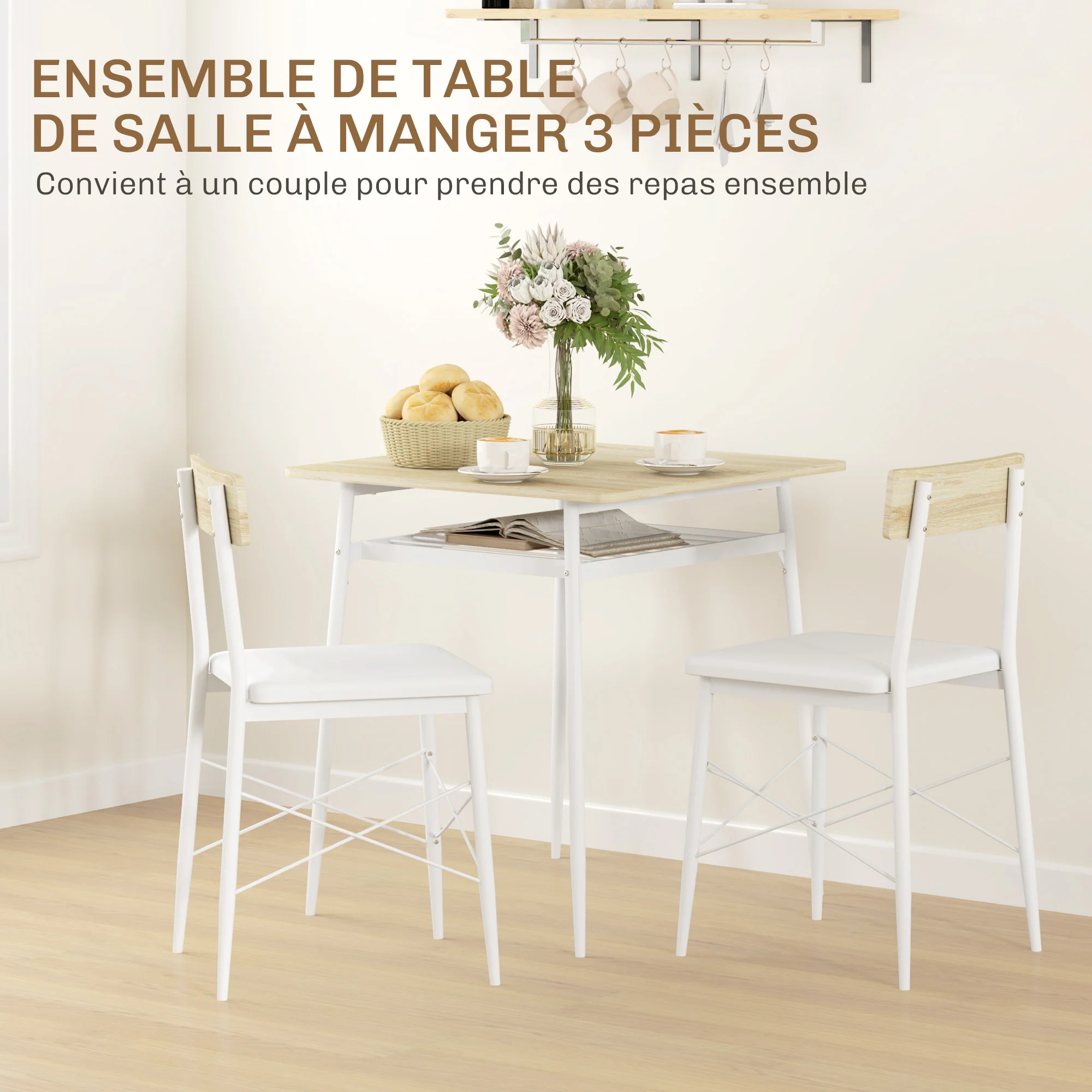 Ensemble table et chaises, table de cuisine avec chaises, structure en acier, avec 2 chaises encastrables, pour cuisine salon maison, blanc et chêne - Image 5