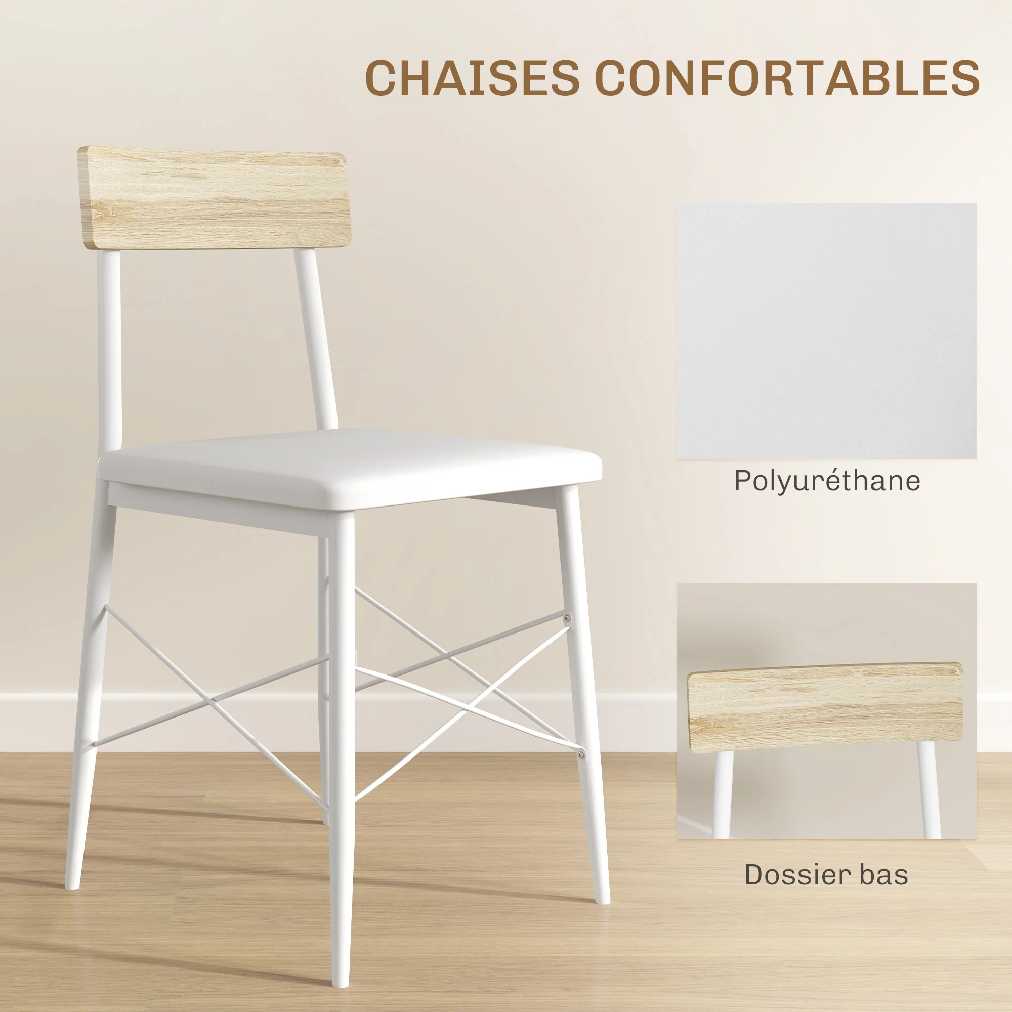 Ensemble table et chaises, table de cuisine avec chaises, structure en acier, avec 2 chaises encastrables, pour cuisine salon maison, blanc et chêne - Image 6