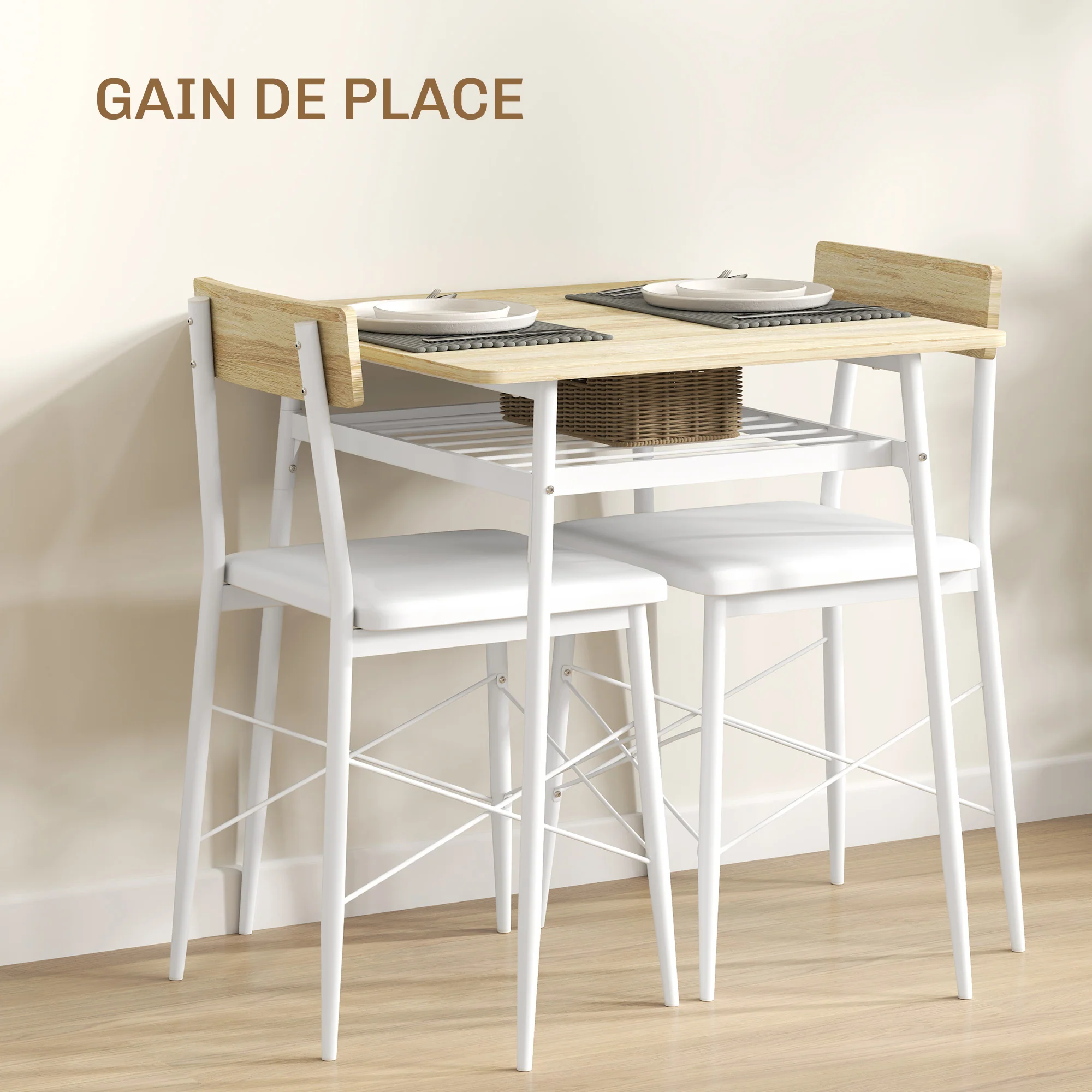Ensemble table et chaises, table de cuisine avec chaises, structure en acier, avec 2 chaises encastrables, pour cuisine salon maison, blanc et chêne - Image 7
