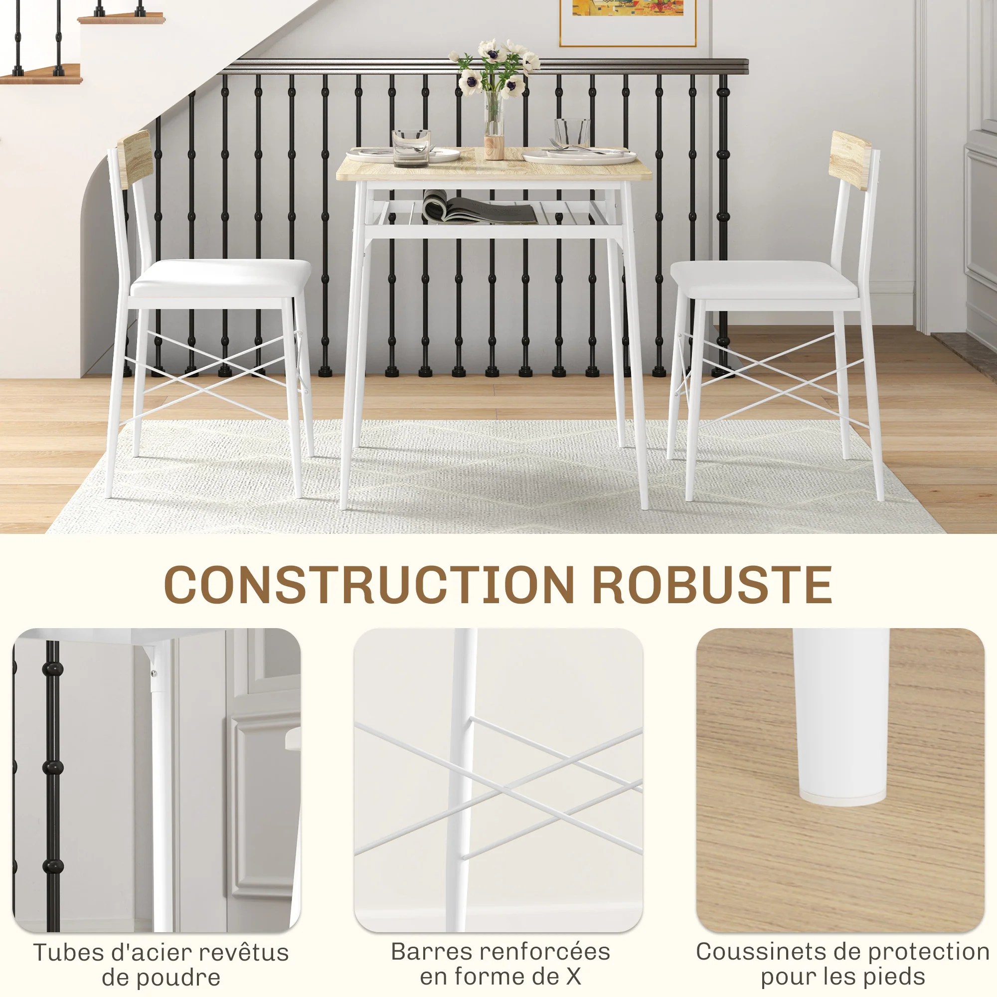 Ensemble table et chaises, table de cuisine avec chaises, structure en acier, avec 2 chaises encastrables, pour cuisine salon maison, blanc et chêne - Image 8
