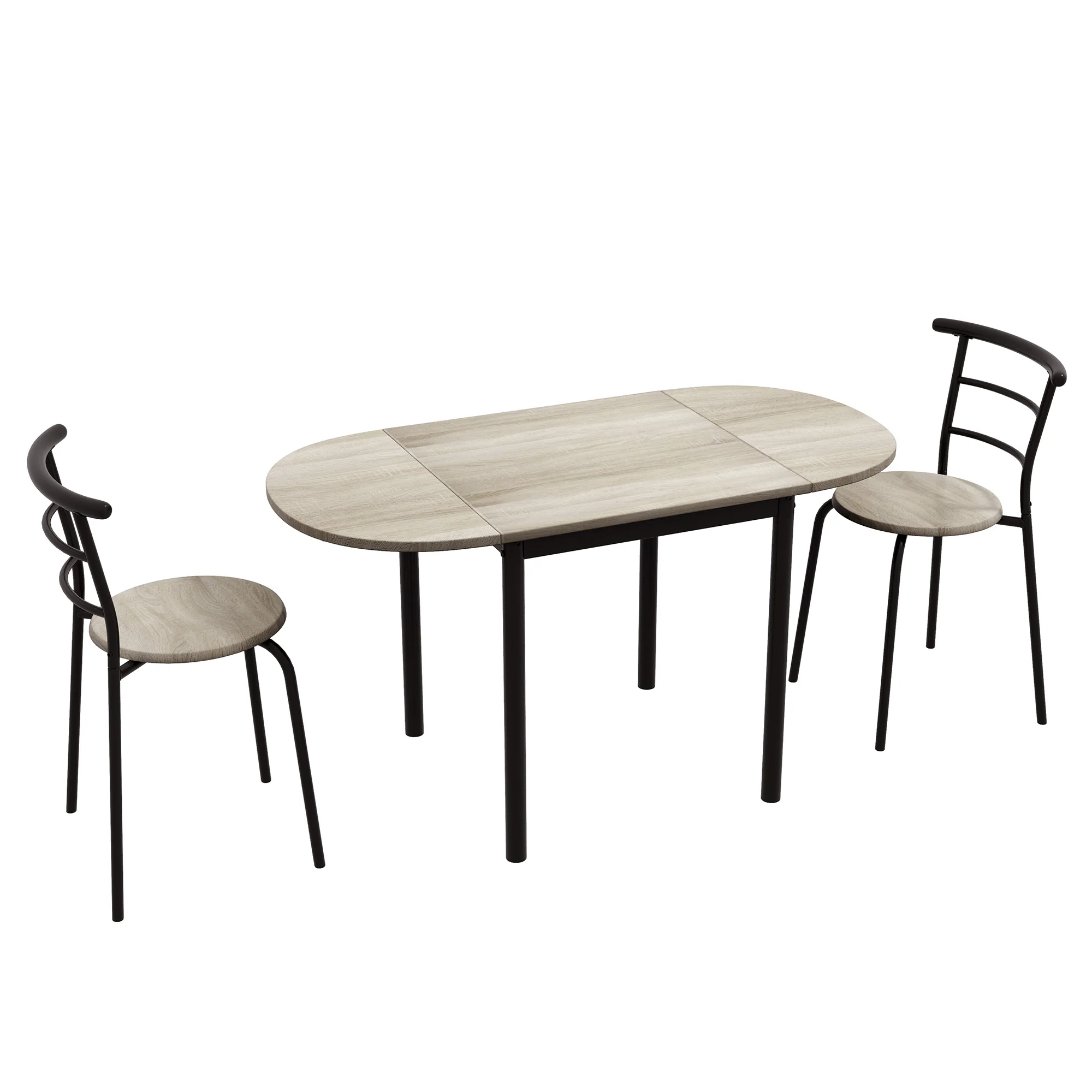 Ensemble table ovale extensible et 2 chaises - table à rabats - métal et MDF - noir et naturel - Image 2