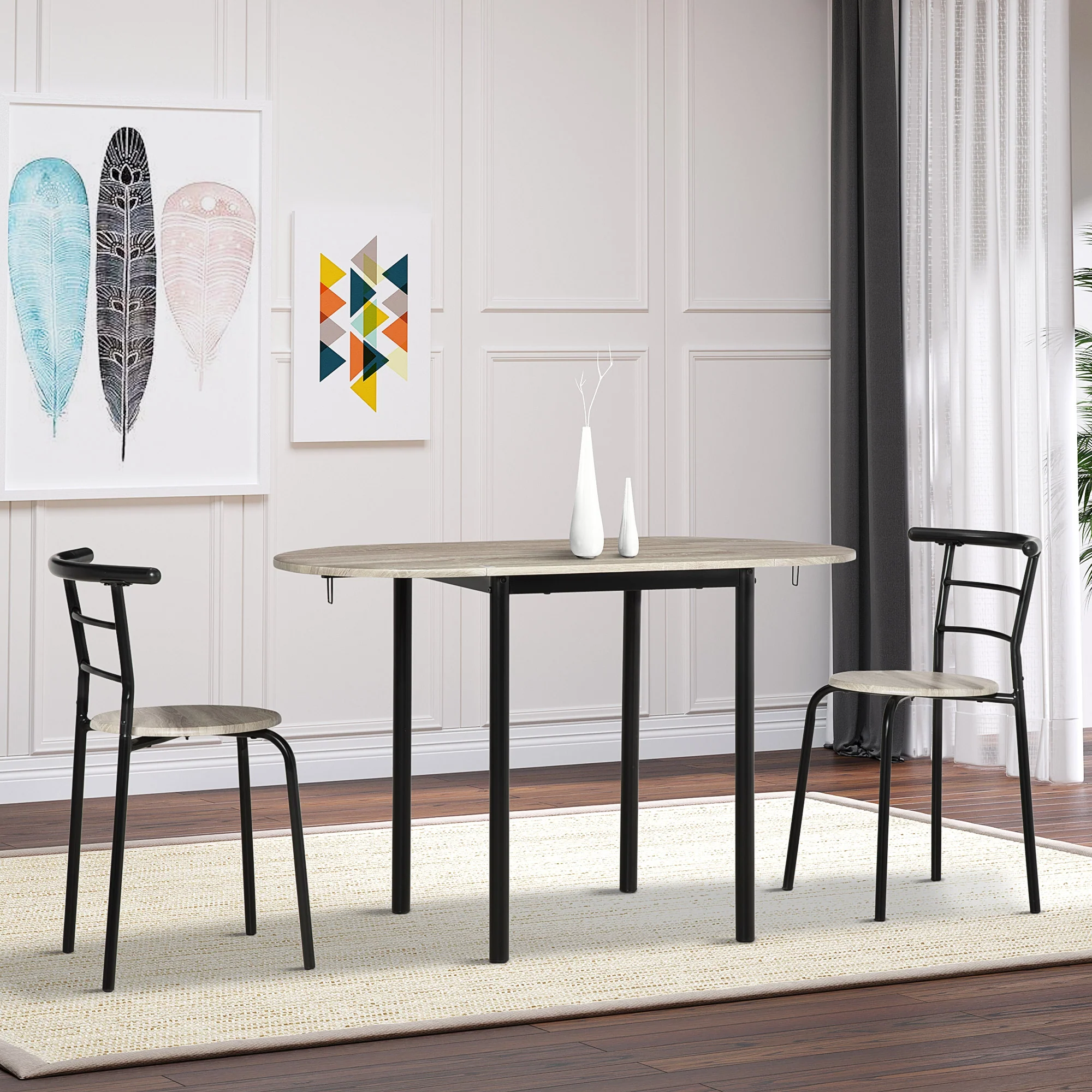 Ensemble table ovale extensible et 2 chaises - table à rabats - métal et MDF - noir et naturel - Image 3