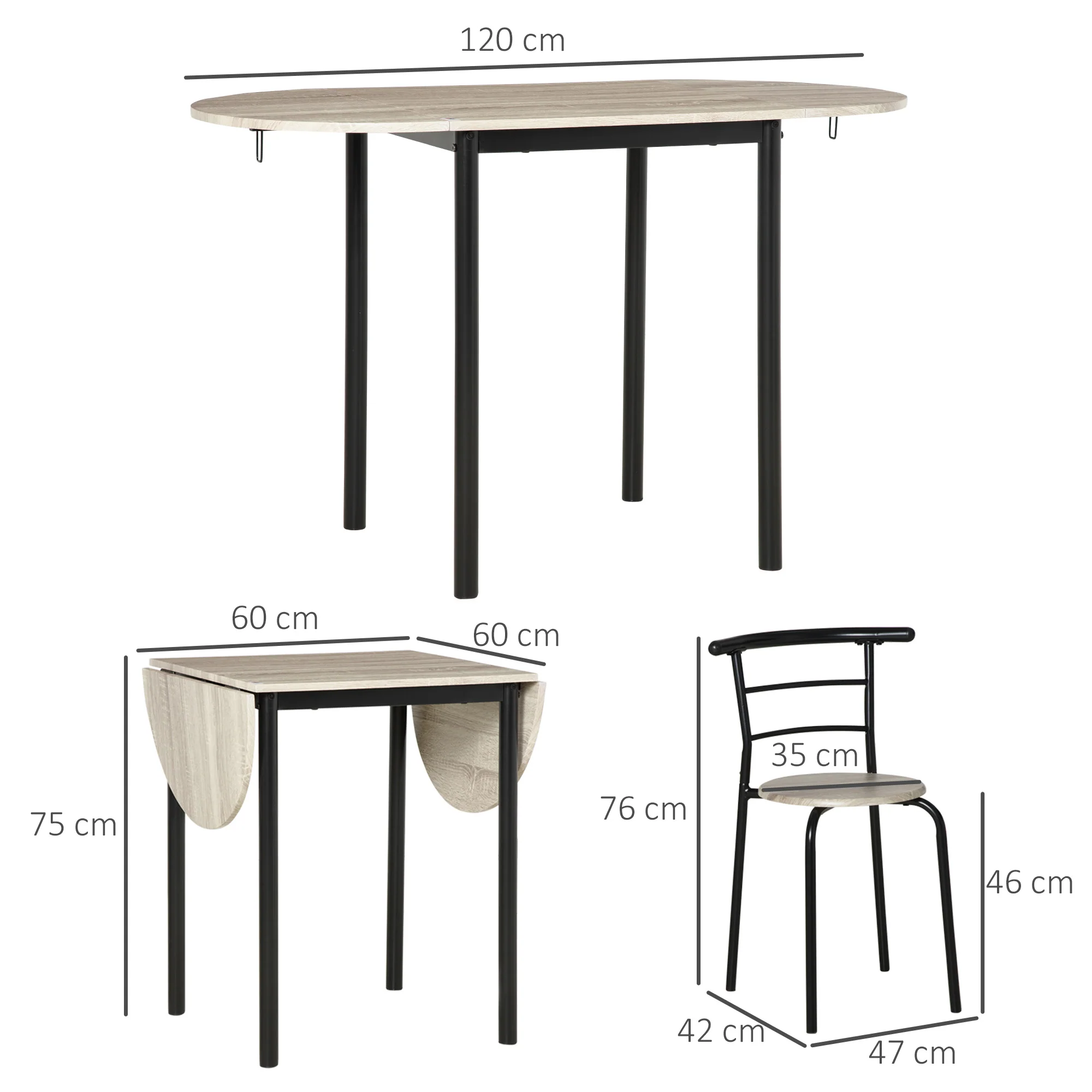 Ensemble table ovale extensible et 2 chaises - table à rabats - métal et MDF - noir et naturel - Image 4