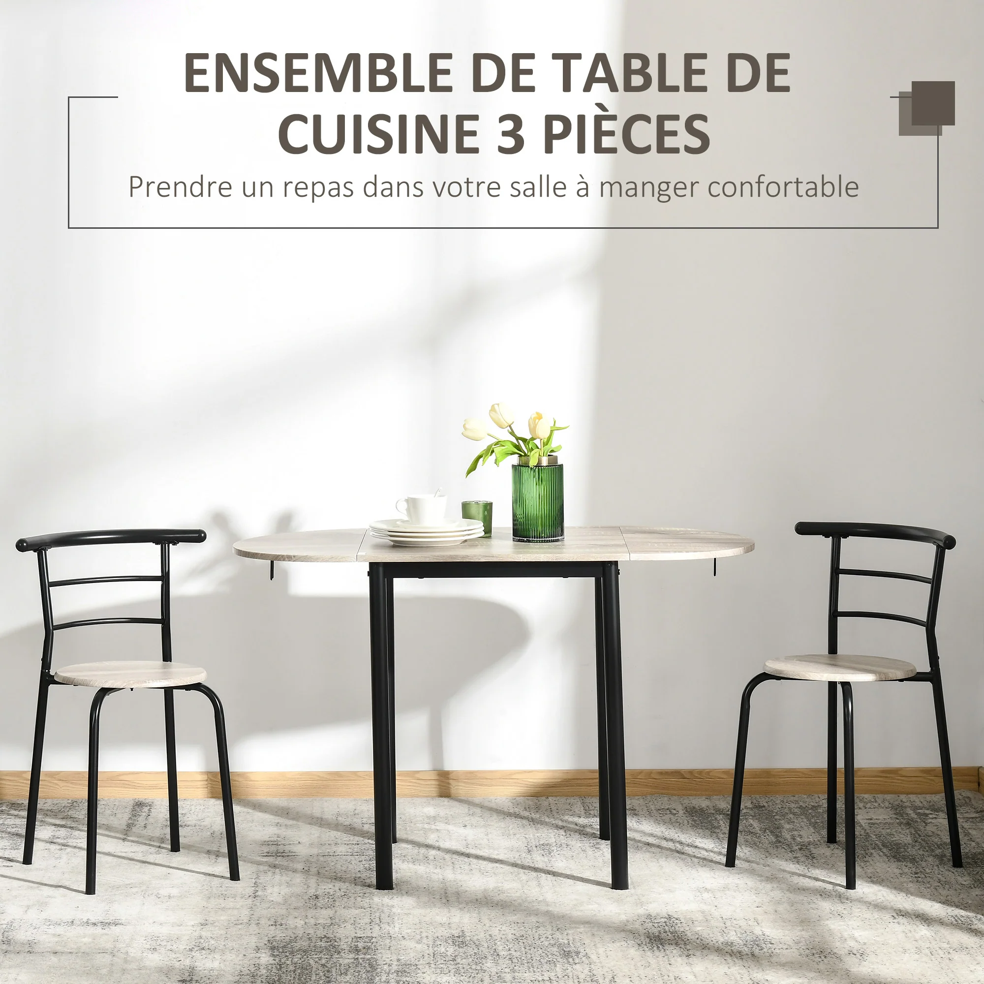 Ensemble table ovale extensible et 2 chaises - table à rabats - métal et MDF - noir et naturel - Image 5