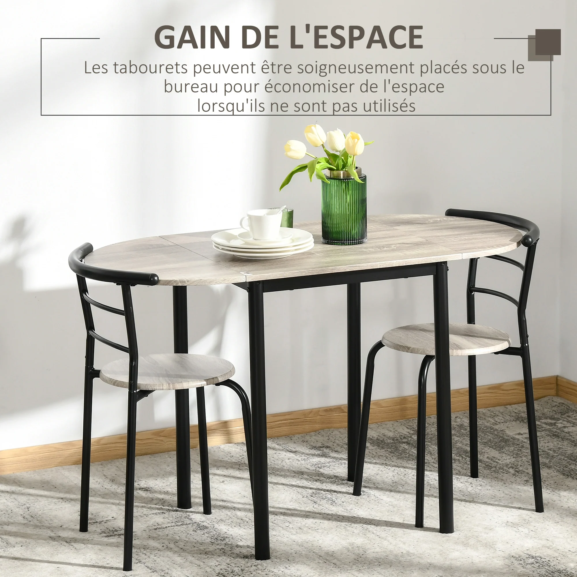 Ensemble table ovale extensible et 2 chaises - table à rabats - métal et MDF - noir et naturel - Image 7