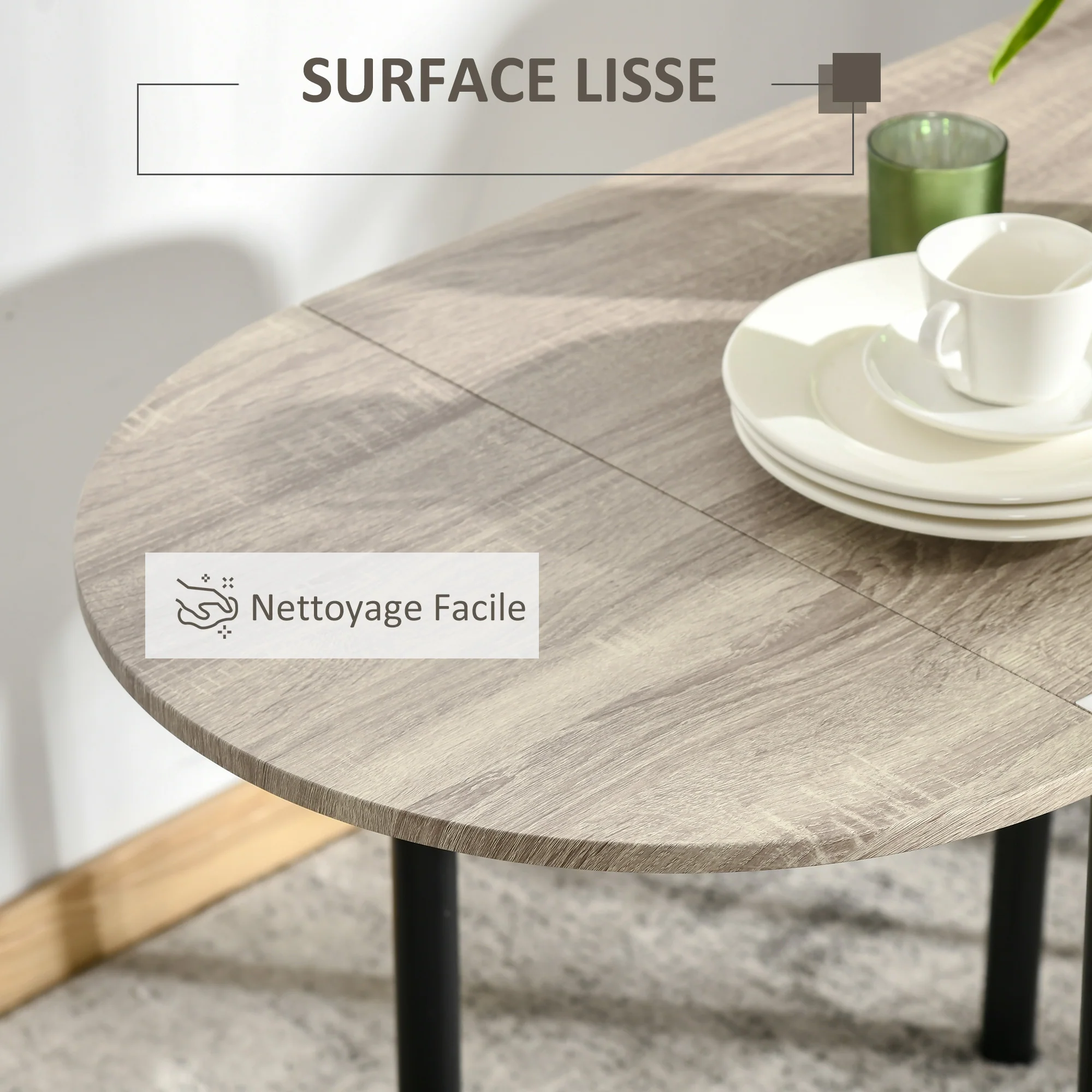 Ensemble table ovale extensible et 2 chaises - table à rabats - métal et MDF - noir et naturel - Image 8