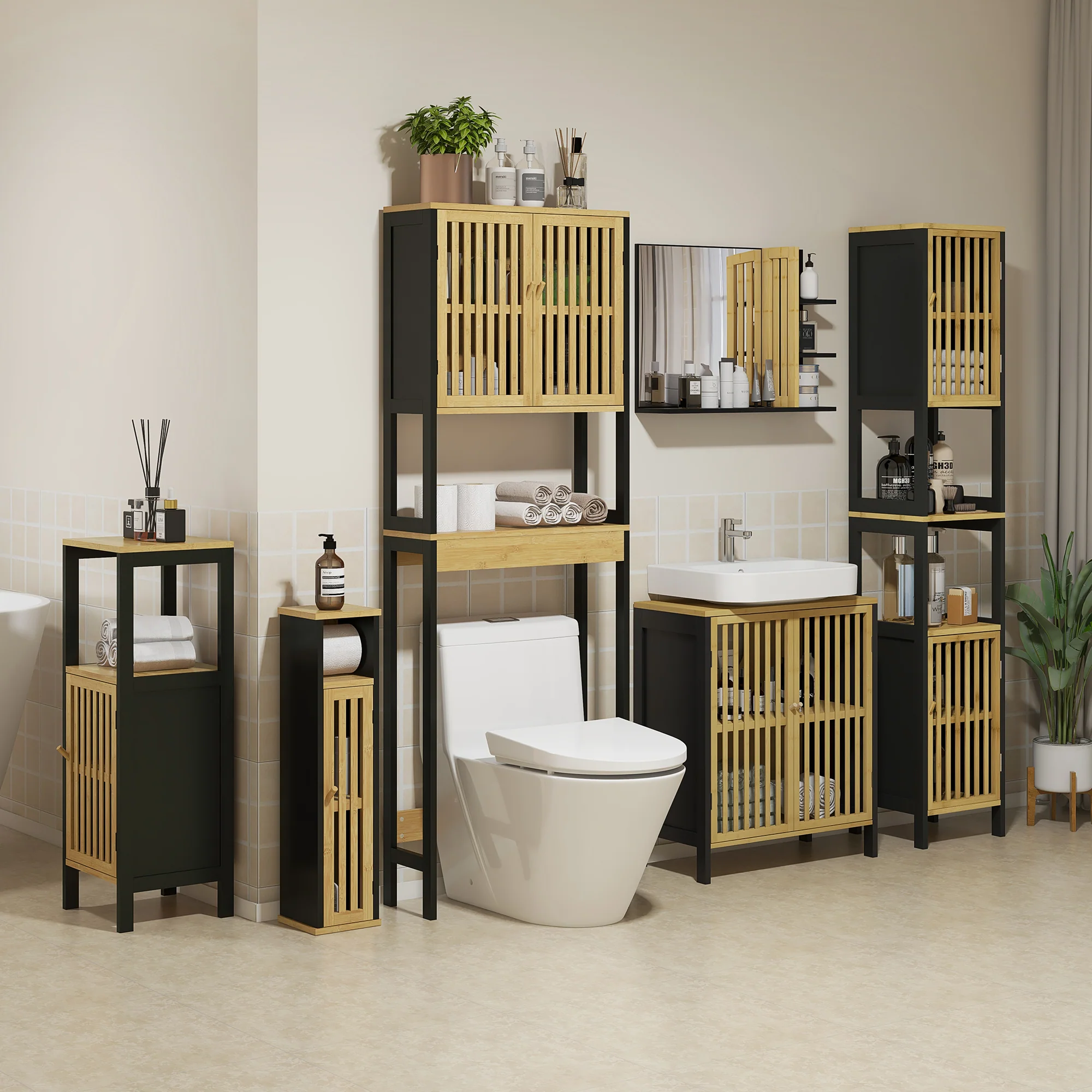 étagère de toilettes meuble de salle de bain dessus toilette WC avec placard 2 portes et étagère ouverte 60L x 21,5l x 172H cm bambou - bois naturel et noir - Image 10