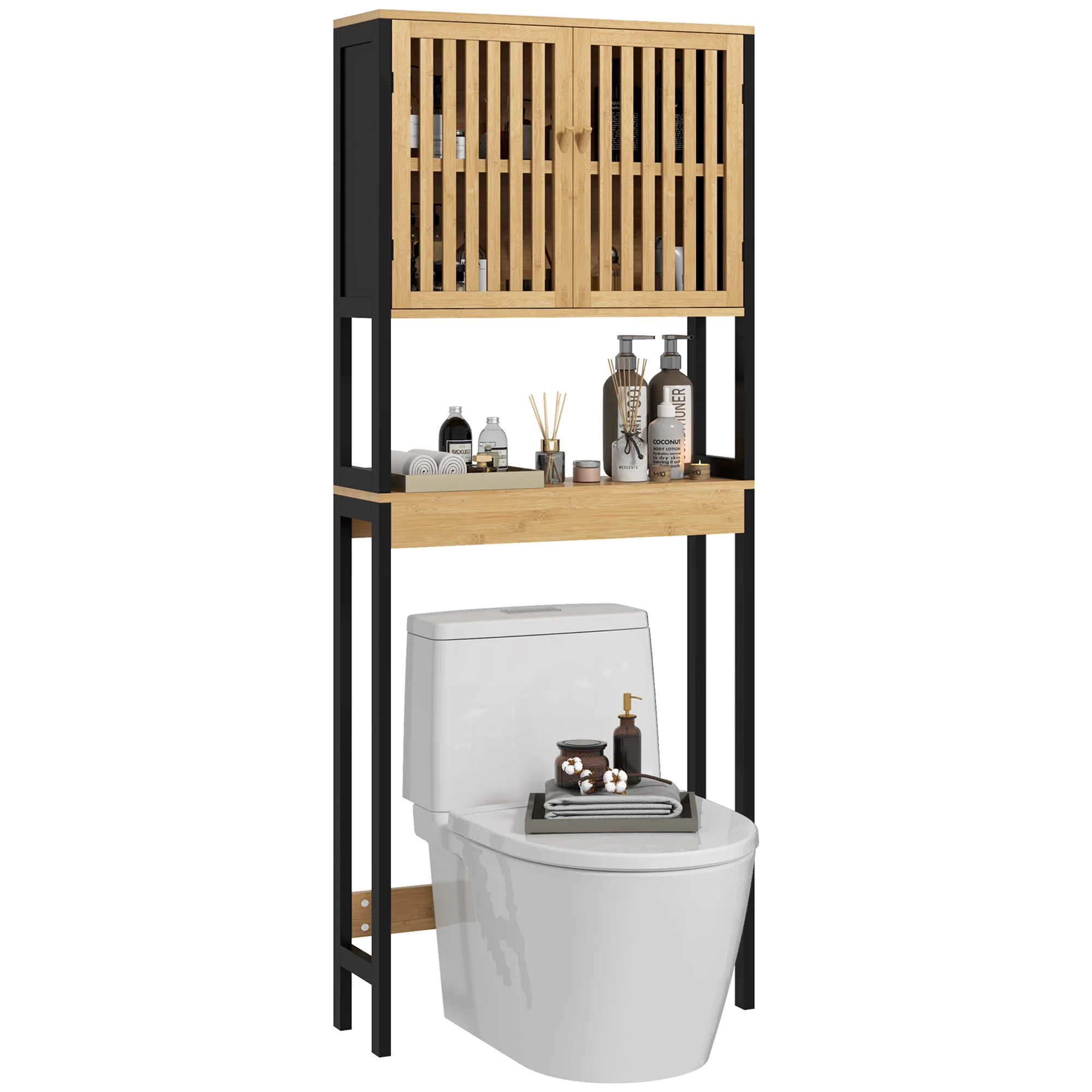 étagère de toilettes meuble de salle de bain dessus toilette WC avec placard 2 portes et étagère ouverte 60L x 21,5l x 172H cm bambou - bois naturel et noir - Image 11