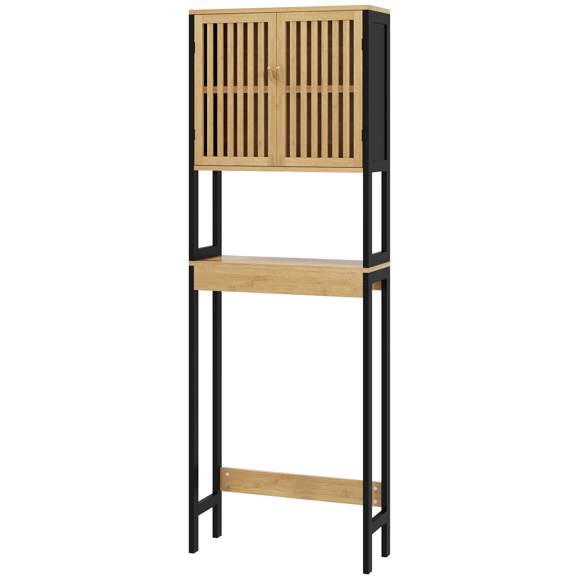 étagère de toilettes meuble de salle de bain dessus toilette WC avec placard 2 portes et étagère ouverte 60L x 21,5l x 172H cm bambou - bois naturel et noir - Image 2