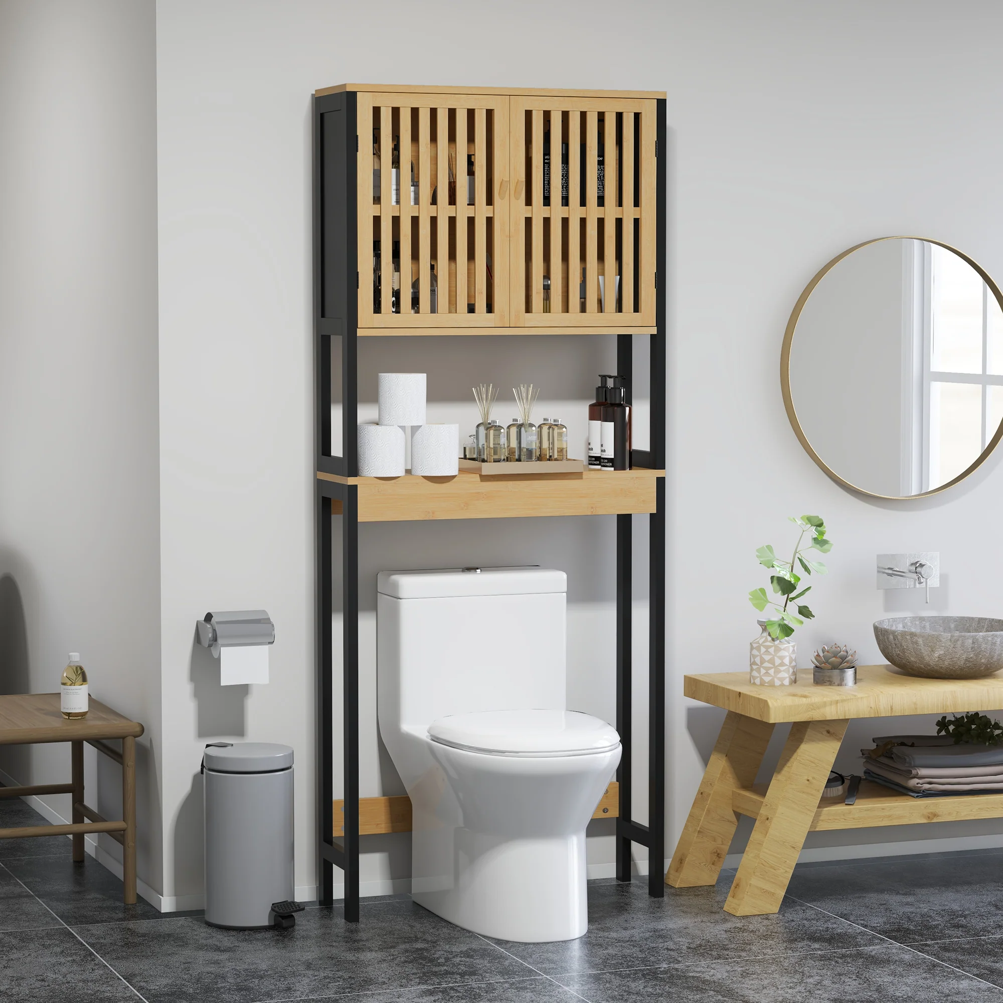 étagère de toilettes meuble de salle de bain dessus toilette WC avec placard 2 portes et étagère ouverte 60L x 21,5l x 172H cm bambou - bois naturel et noir - Image 3