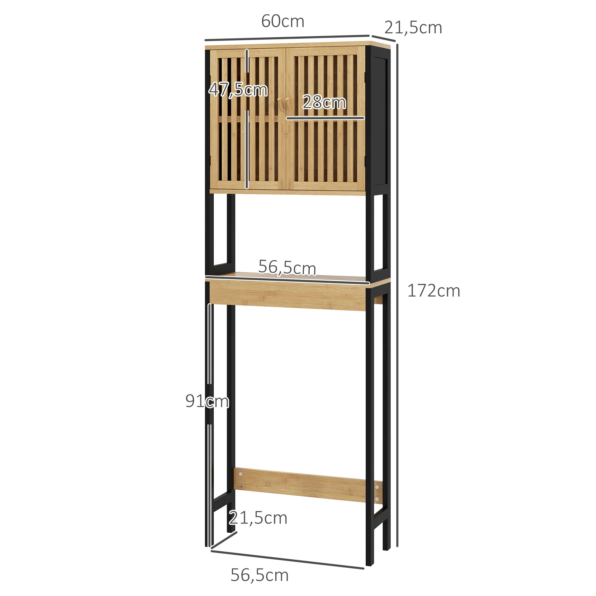 étagère de toilettes meuble de salle de bain dessus toilette WC avec placard 2 portes et étagère ouverte 60L x 21,5l x 172H cm bambou - bois naturel et noir - Image 4