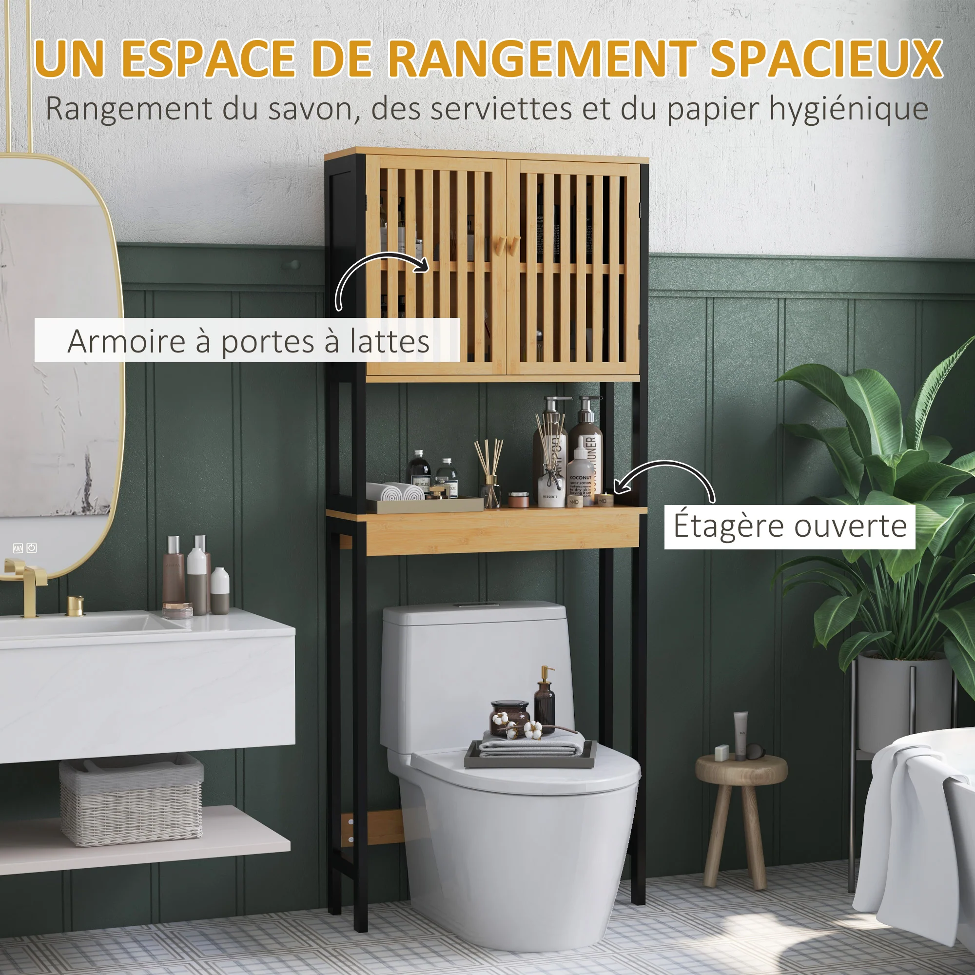 étagère de toilettes meuble de salle de bain dessus toilette WC avec placard 2 portes et étagère ouverte 60L x 21,5l x 172H cm bambou - bois naturel et noir - Image 5