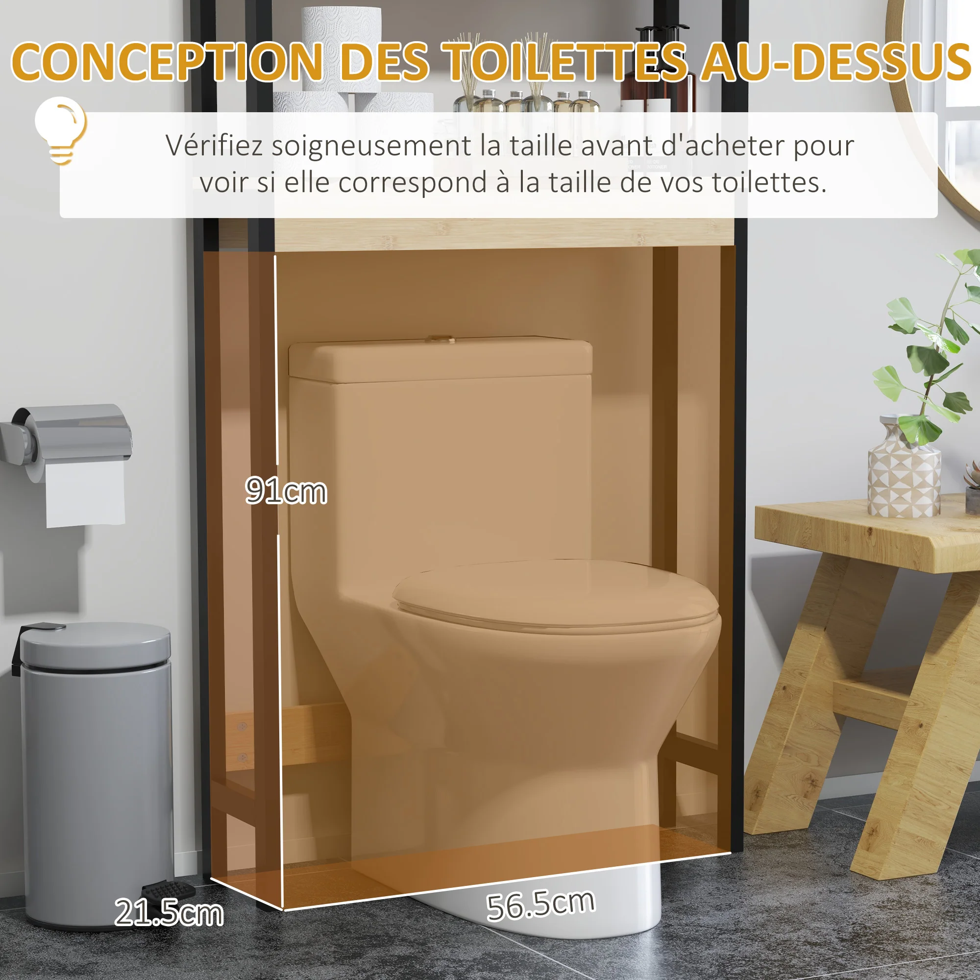 étagère de toilettes meuble de salle de bain dessus toilette WC avec placard 2 portes et étagère ouverte 60L x 21,5l x 172H cm bambou - bois naturel et noir - Image 6