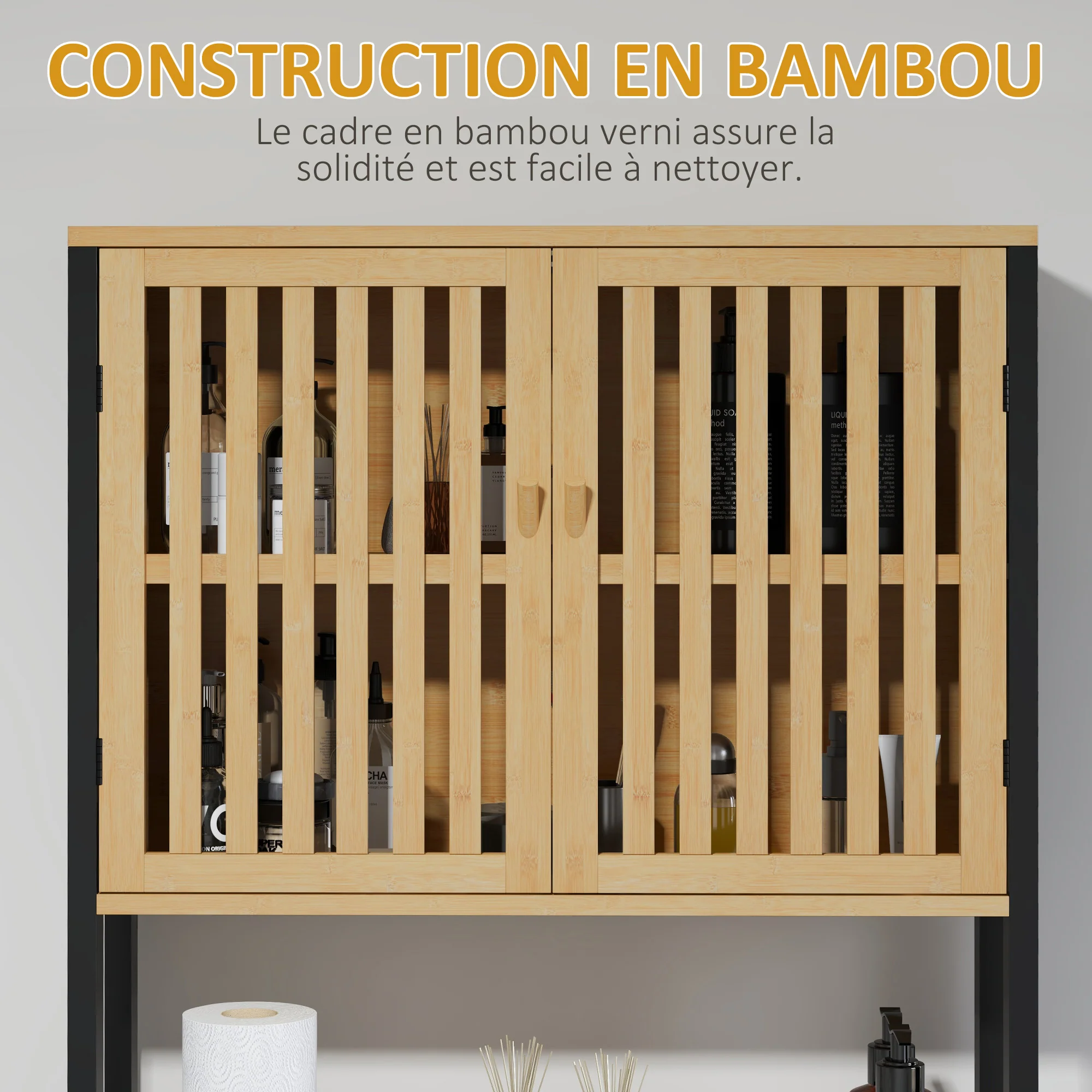 étagère de toilettes meuble de salle de bain dessus toilette WC avec placard 2 portes et étagère ouverte 60L x 21,5l x 172H cm bambou - bois naturel et noir - Image 7