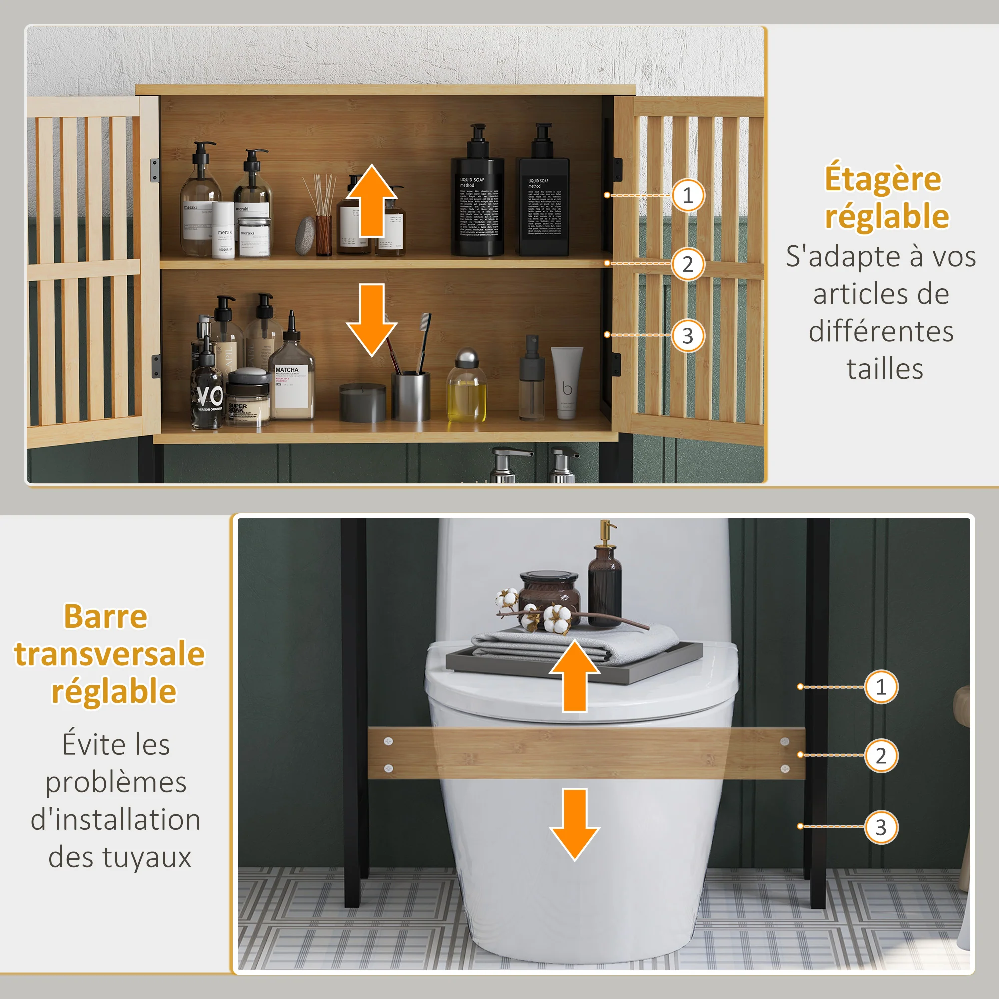 étagère de toilettes meuble de salle de bain dessus toilette WC avec placard 2 portes et étagère ouverte 60L x 21,5l x 172H cm bambou - bois naturel et noir - Image 8