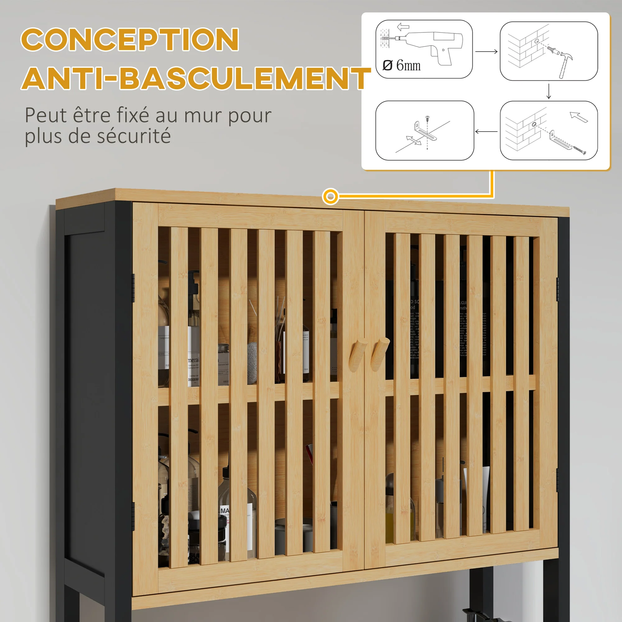 étagère de toilettes meuble de salle de bain dessus toilette WC avec placard 2 portes et étagère ouverte 60L x 21,5l x 172H cm bambou - bois naturel et noir - Image 9