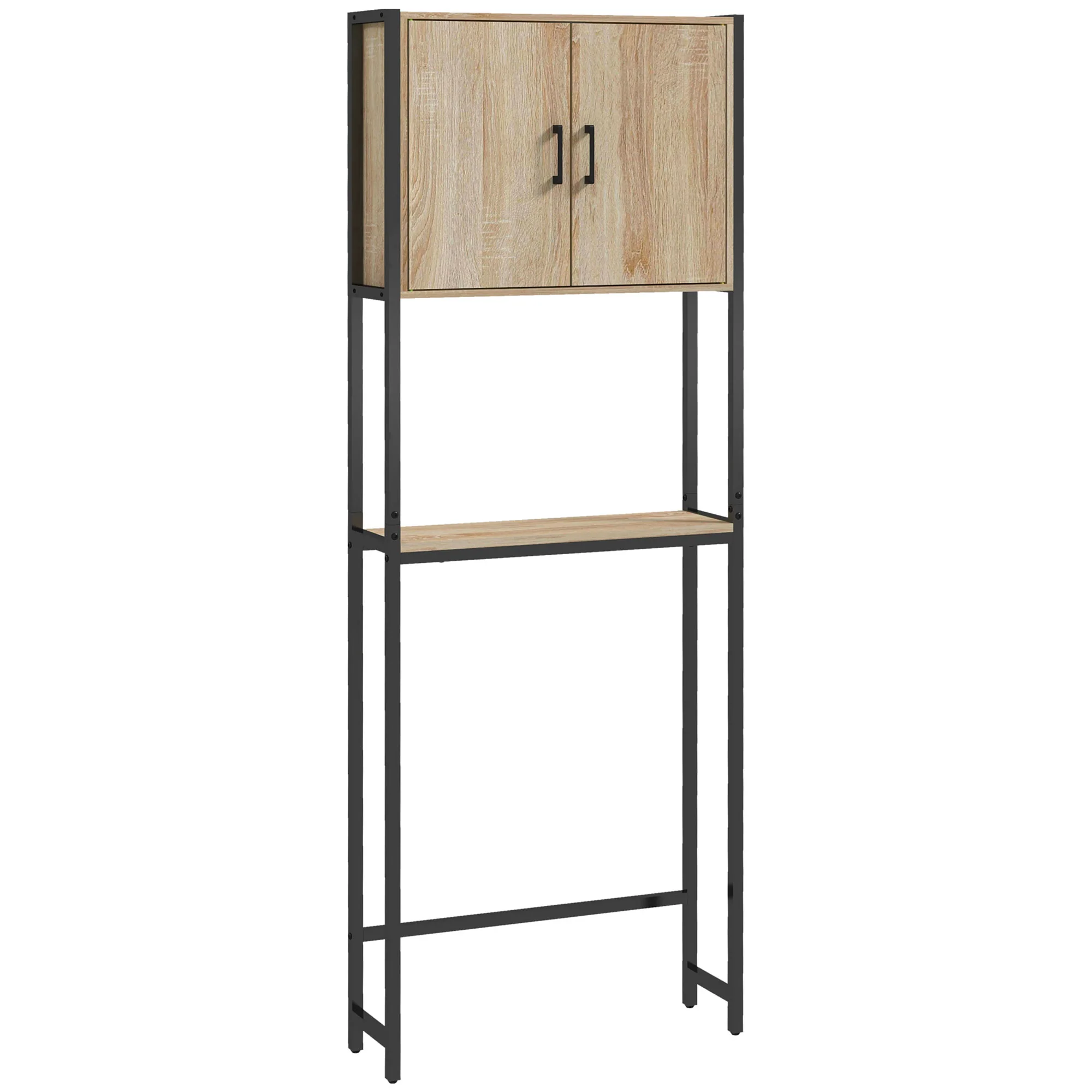 Étagère de toilettes meuble de salle de bain dessus toilette WC avec placard 2 portes et étagère ouverte dim. 64L x 19l x 178H cm chêne et noir - Image 11
