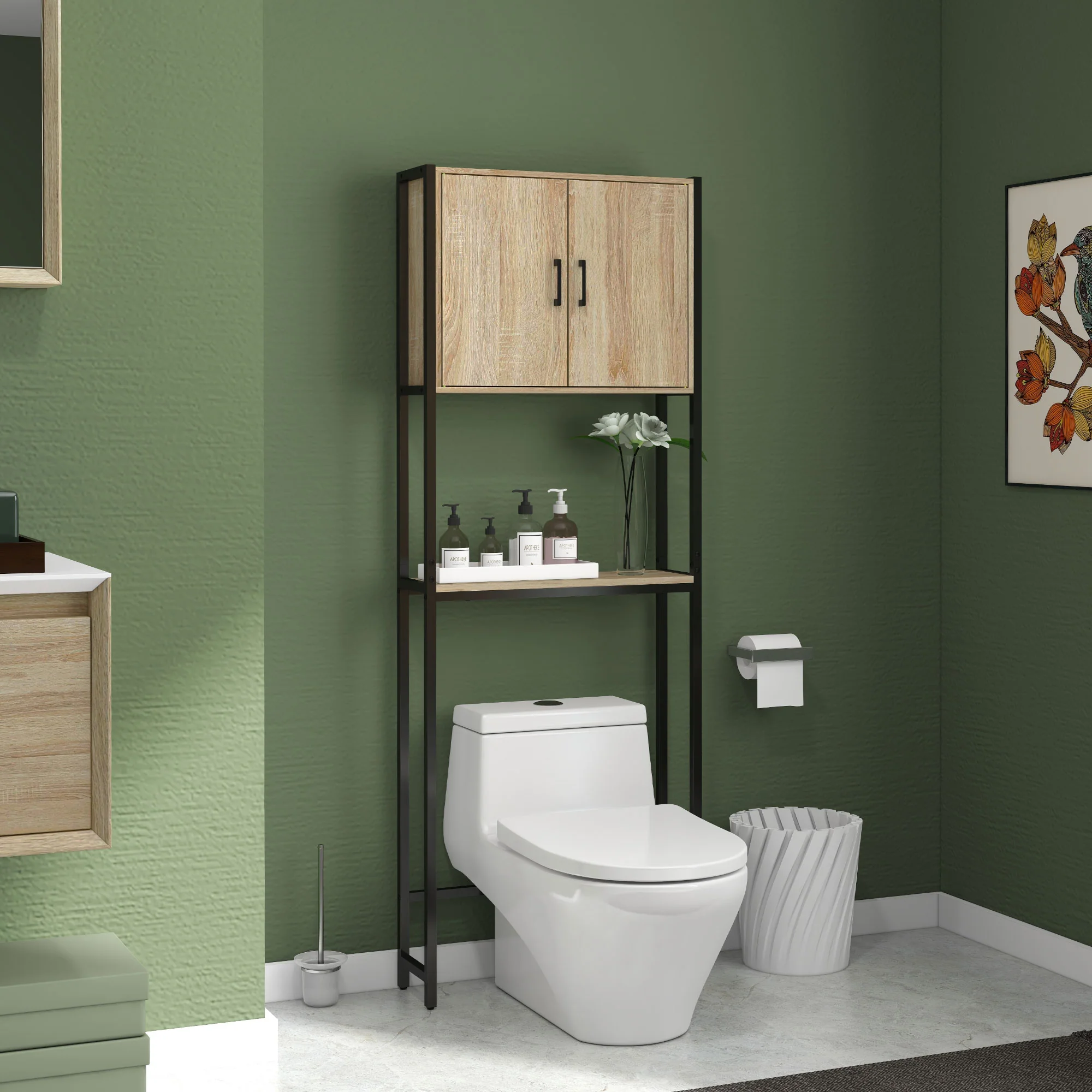 Étagère de toilettes meuble de salle de bain dessus toilette WC avec placard 2 portes et étagère ouverte dim. 64L x 19l x 178H cm chêne et noir - Image 3