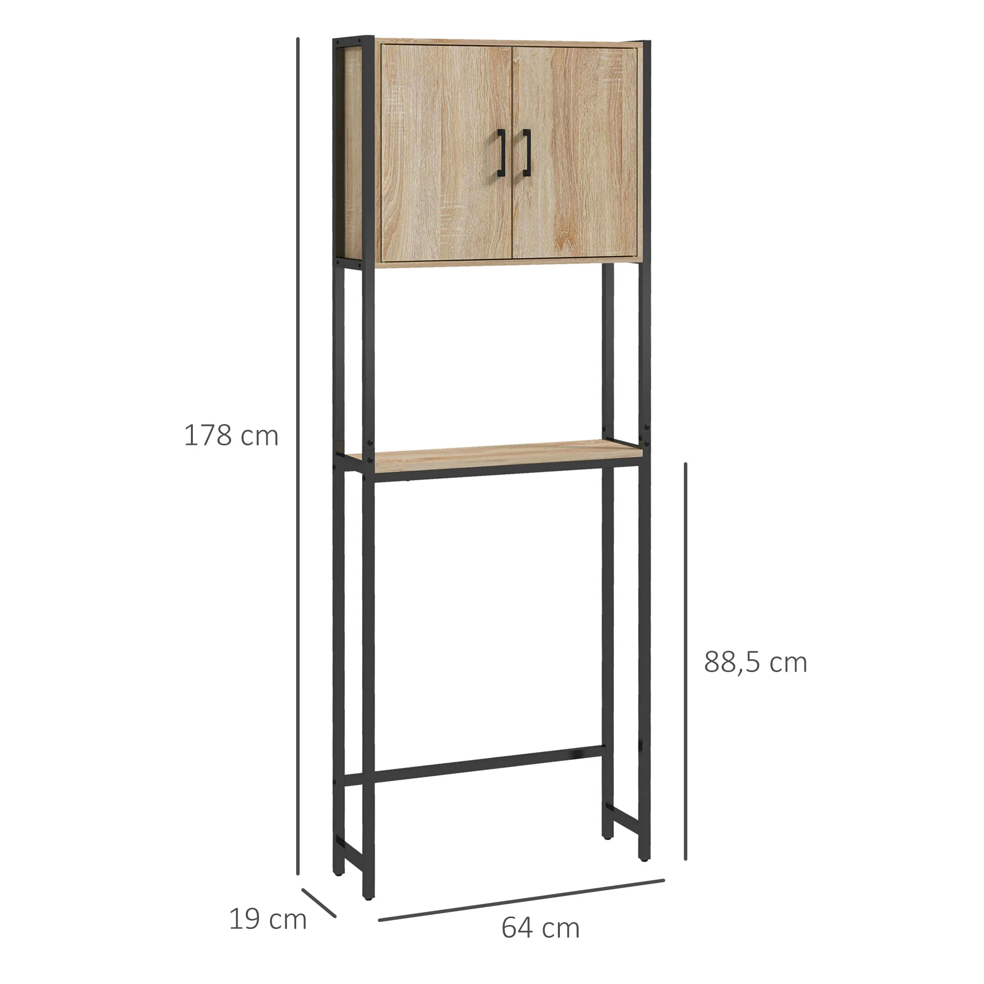 Étagère de toilettes meuble de salle de bain dessus toilette WC avec placard 2 portes et étagère ouverte dim. 64L x 19l x 178H cm chêne et noir - Image 4