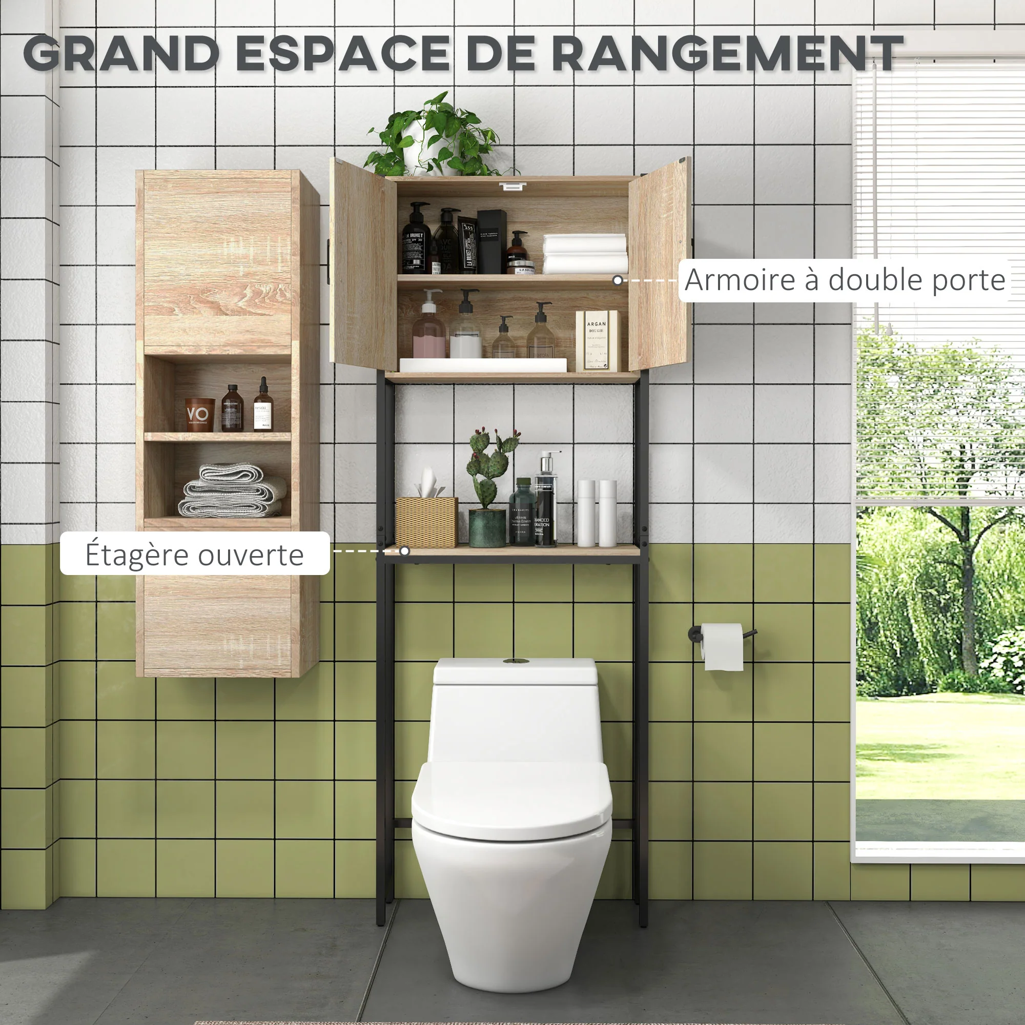 Étagère de toilettes meuble de salle de bain dessus toilette WC avec placard 2 portes et étagère ouverte dim. 64L x 19l x 178H cm chêne et noir - Image 5