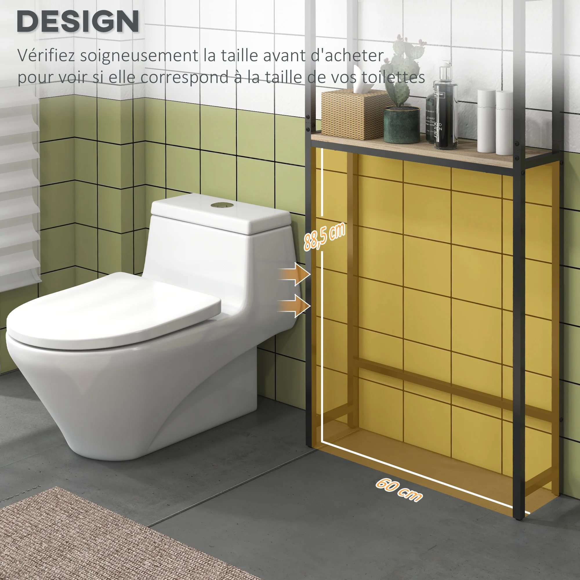 Étagère de toilettes meuble de salle de bain dessus toilette WC avec placard 2 portes et étagère ouverte dim. 64L x 19l x 178H cm chêne et noir - Image 6