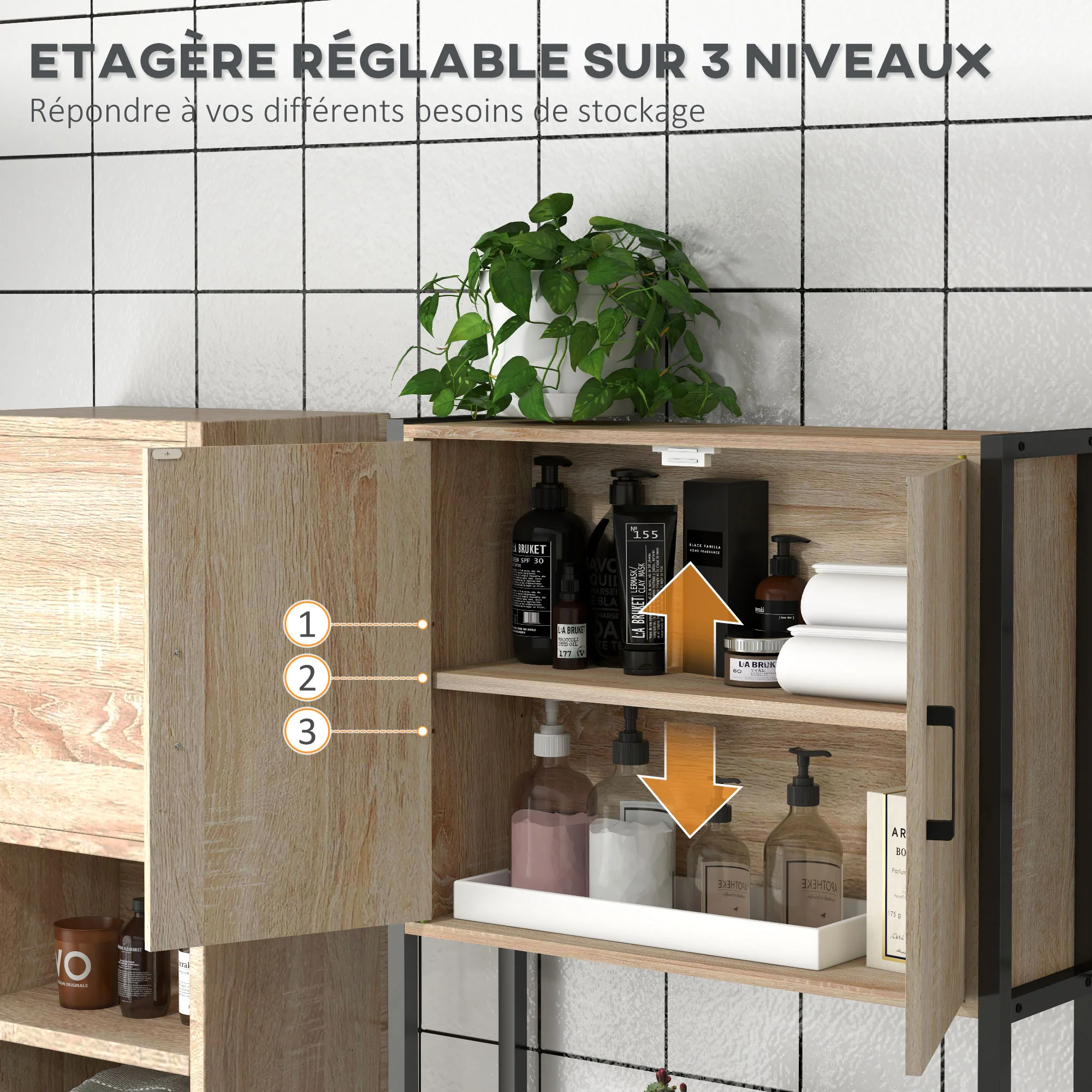 Étagère de toilettes meuble de salle de bain dessus toilette WC avec placard 2 portes et étagère ouverte dim. 64L x 19l x 178H cm chêne et noir - Image 7