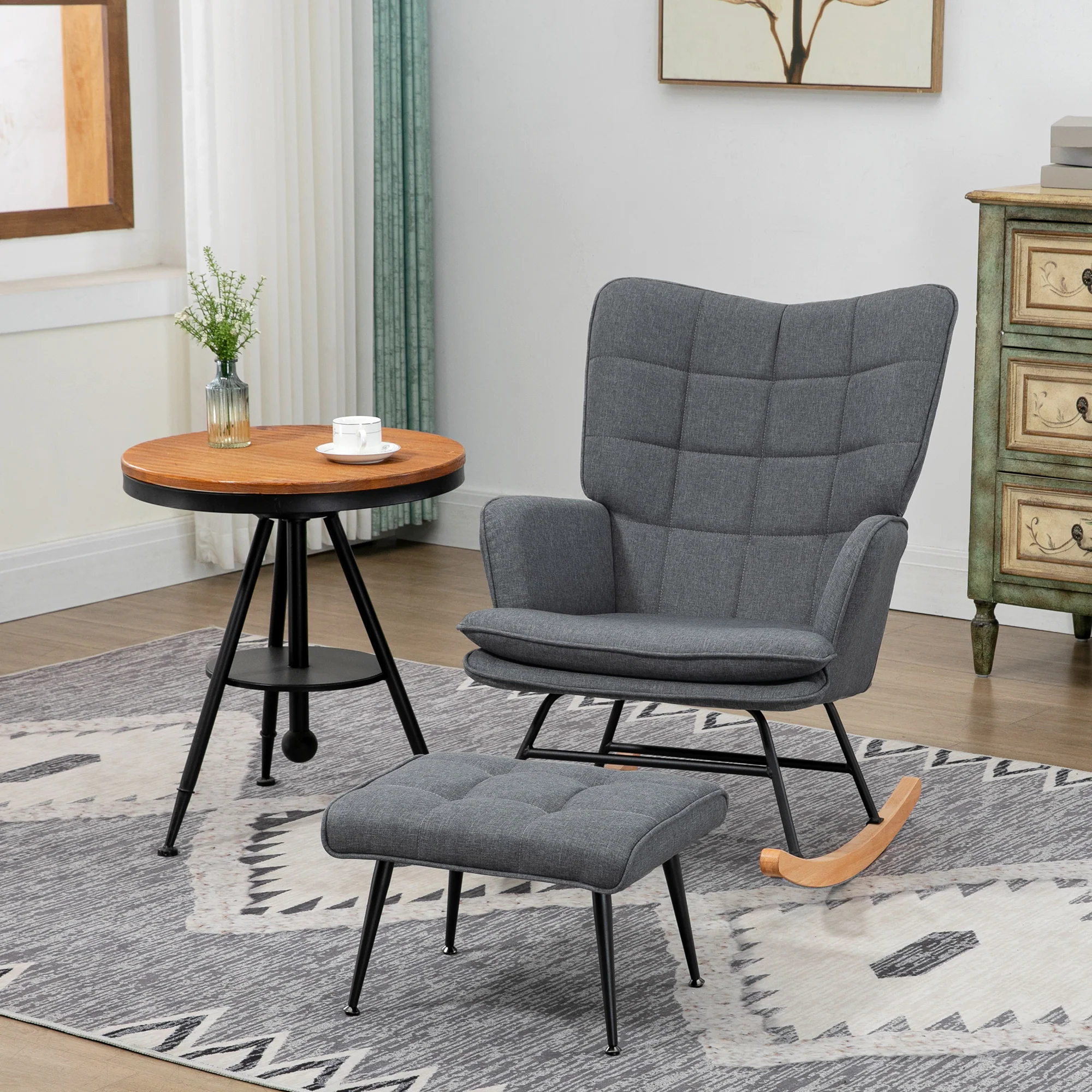 Fauteuil à bascule avec repose-pieds, rocking chair en tissu aspect lin, assise large, dossier haut, coussin inclus, chaise à bascule pour salon, chambre, gris - Image 3