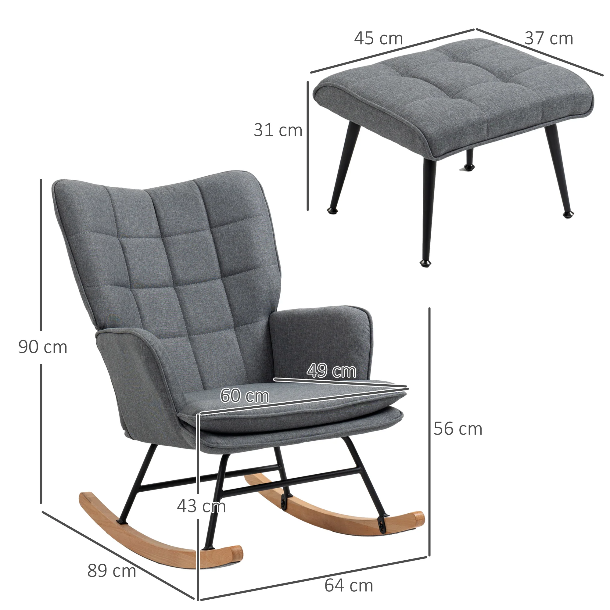 Fauteuil à bascule avec repose-pieds, rocking chair en tissu aspect lin, assise large, dossier haut, coussin inclus, chaise à bascule pour salon, chambre, gris - Image 4