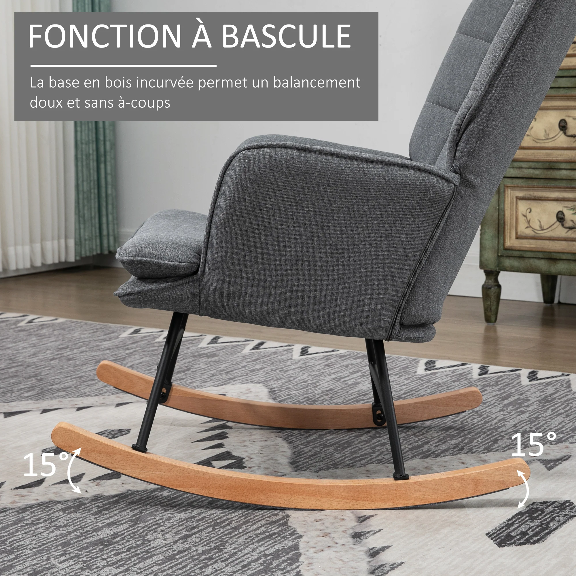 Fauteuil à bascule avec repose-pieds, rocking chair en tissu aspect lin, assise large, dossier haut, coussin inclus, chaise à bascule pour salon, chambre, gris - Image 5