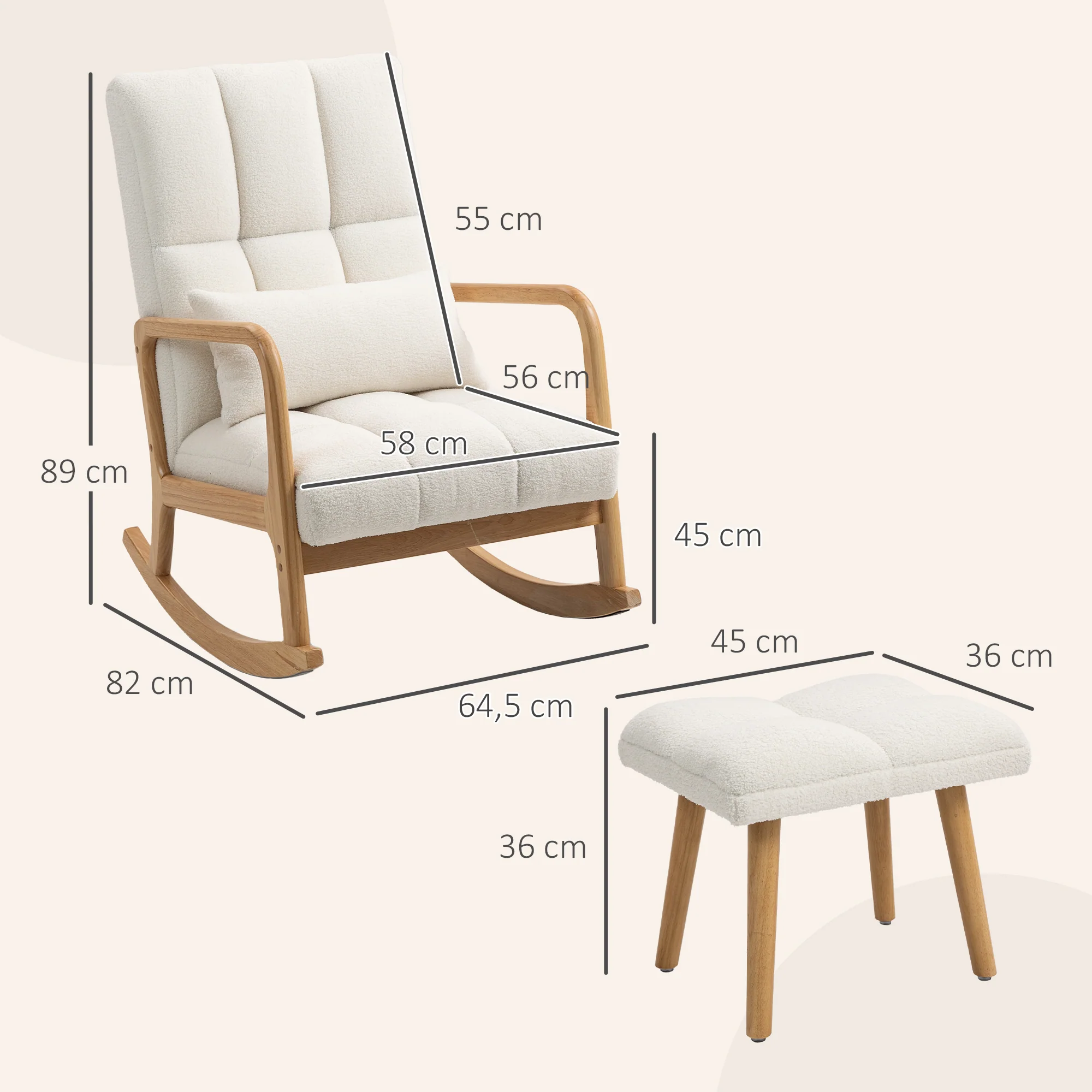 Fauteuil à bascule avec repose-pieds, rocking chair, fauteuil allaitement en tissu bouclette, assise large, pieds en bois, coussin inclus, chaise à bascule pour salon, chambre, balcon, blanc - Image 4