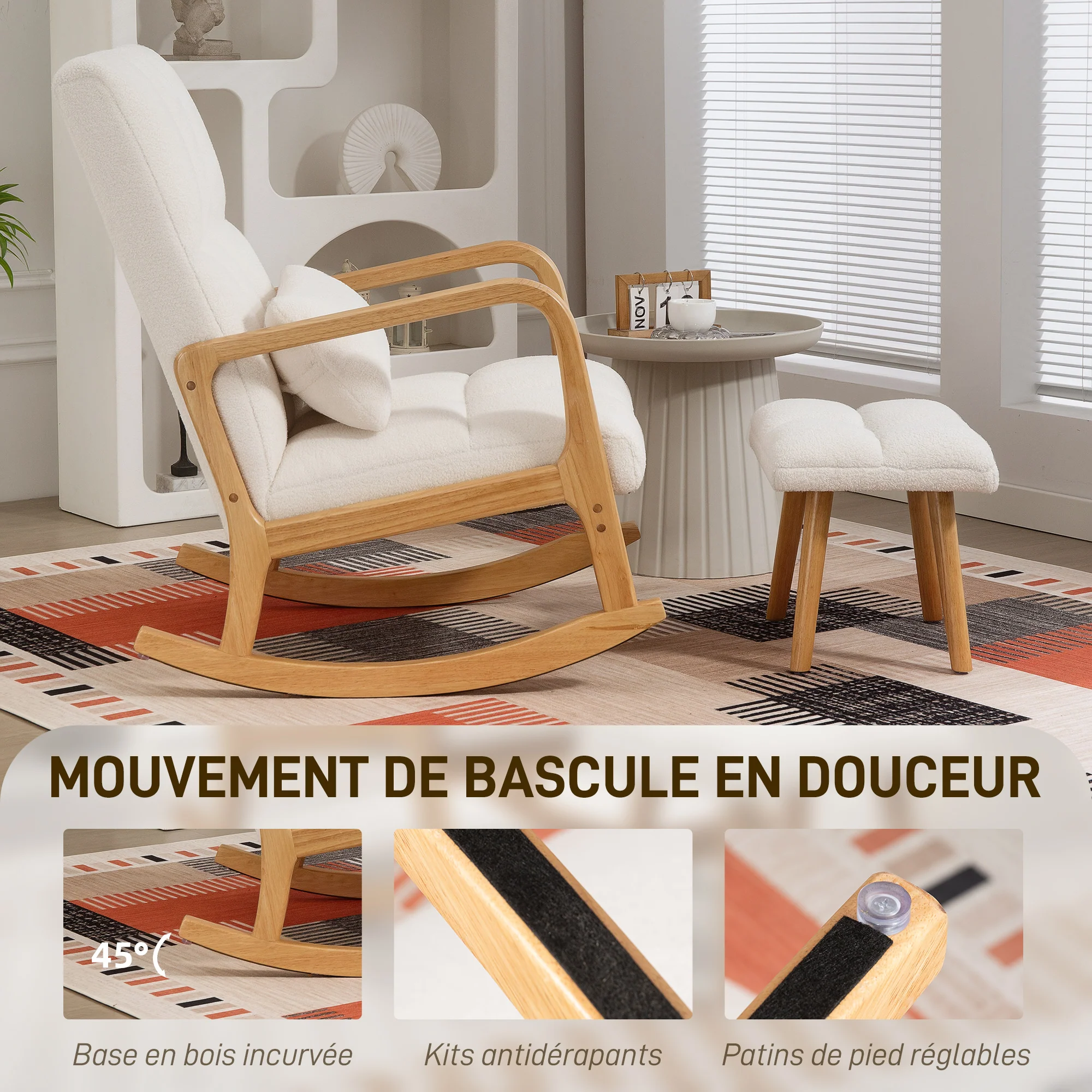 Fauteuil à bascule avec repose-pieds, rocking chair, fauteuil allaitement en tissu bouclette, assise large, pieds en bois, coussin inclus, chaise à bascule pour salon, chambre, balcon, blanc - Image 5