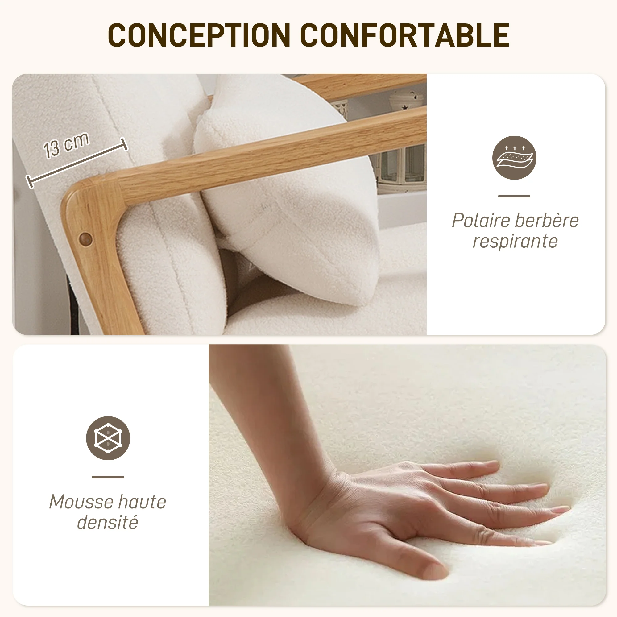 Fauteuil à bascule avec repose-pieds, rocking chair, fauteuil allaitement en tissu bouclette, assise large, pieds en bois, coussin inclus, chaise à bascule pour salon, chambre, balcon, blanc - Image 6