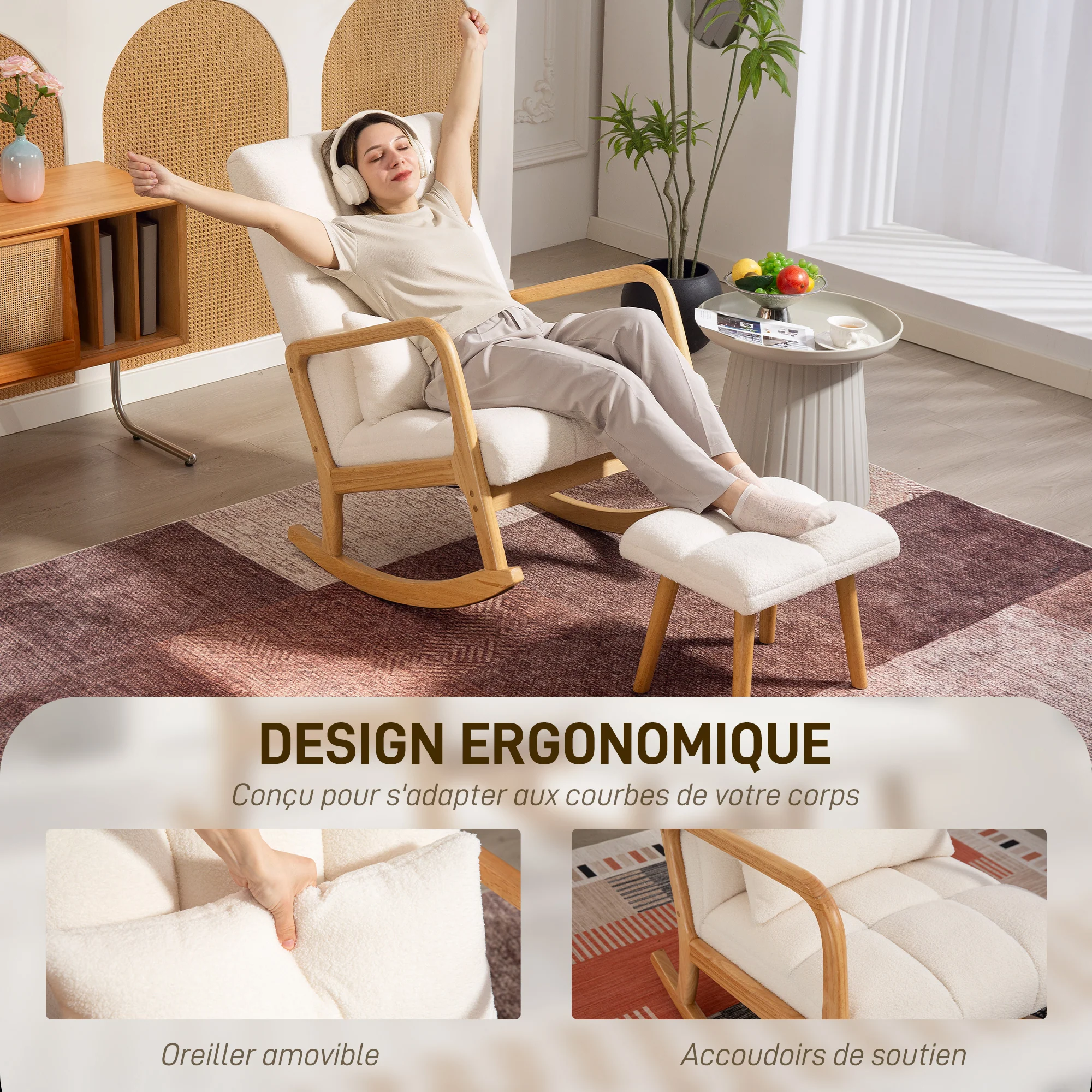 Fauteuil à bascule avec repose-pieds, rocking chair, fauteuil allaitement en tissu bouclette, assise large, pieds en bois, coussin inclus, chaise à bascule pour salon, chambre, balcon, blanc - Image 7