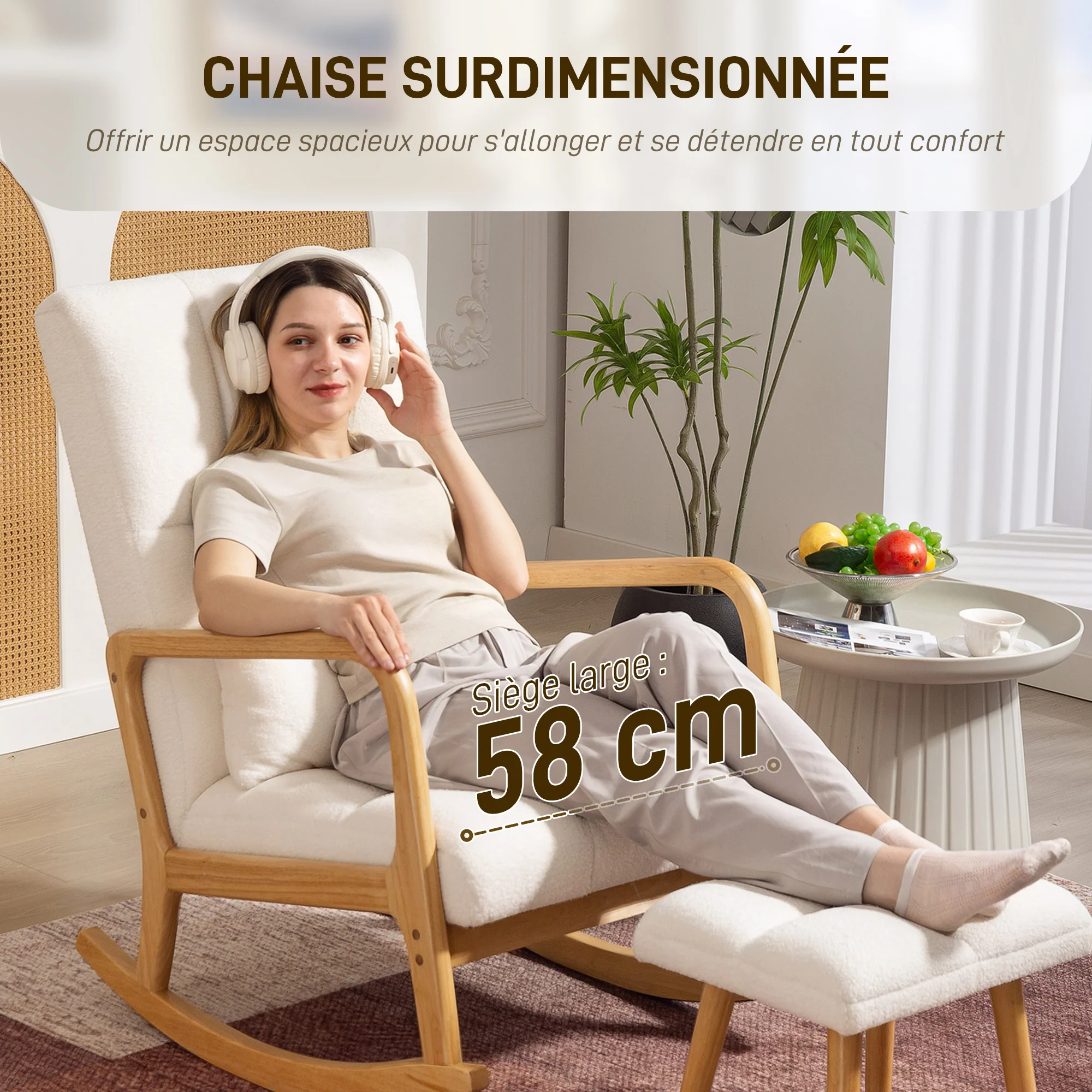 Fauteuil à bascule avec repose-pieds, rocking chair, fauteuil allaitement en tissu bouclette, assise large, pieds en bois, coussin inclus, chaise à bascule pour salon, chambre, balcon, blanc - Image 8