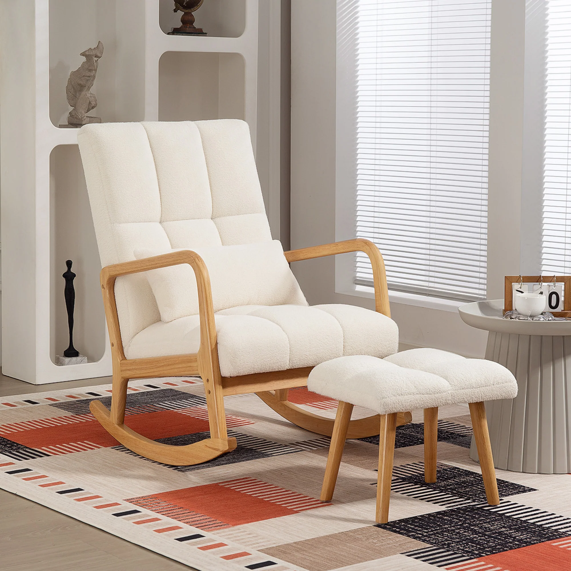 Fauteuil à bascule avec repose-pieds, rocking chair, fauteuil allaitement en tissu bouclette, assise large, pieds en bois, coussin inclus, chaise à bascule pour salon, chambre, balcon, blanc - Image 9