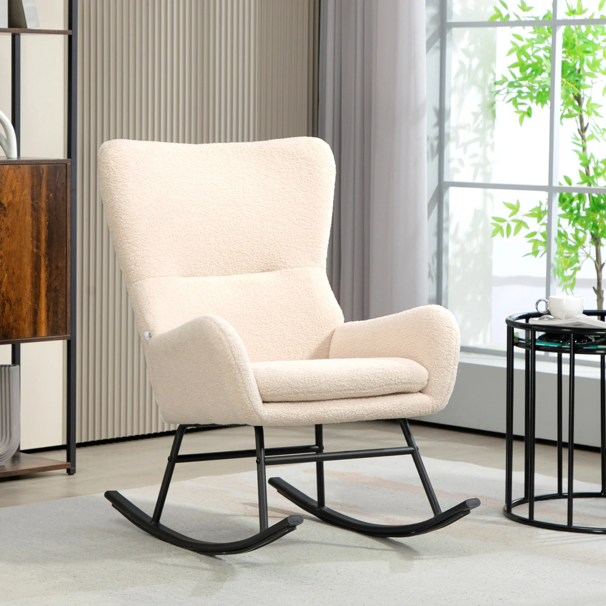 Fauteuil à bascule, chaise à bascule, avec assise de 10 cm d'épaisseur, pieds incurvés en acier, capacité de charge 120 kg, pour salon, chambre, balcon, beige et noir - Image 3