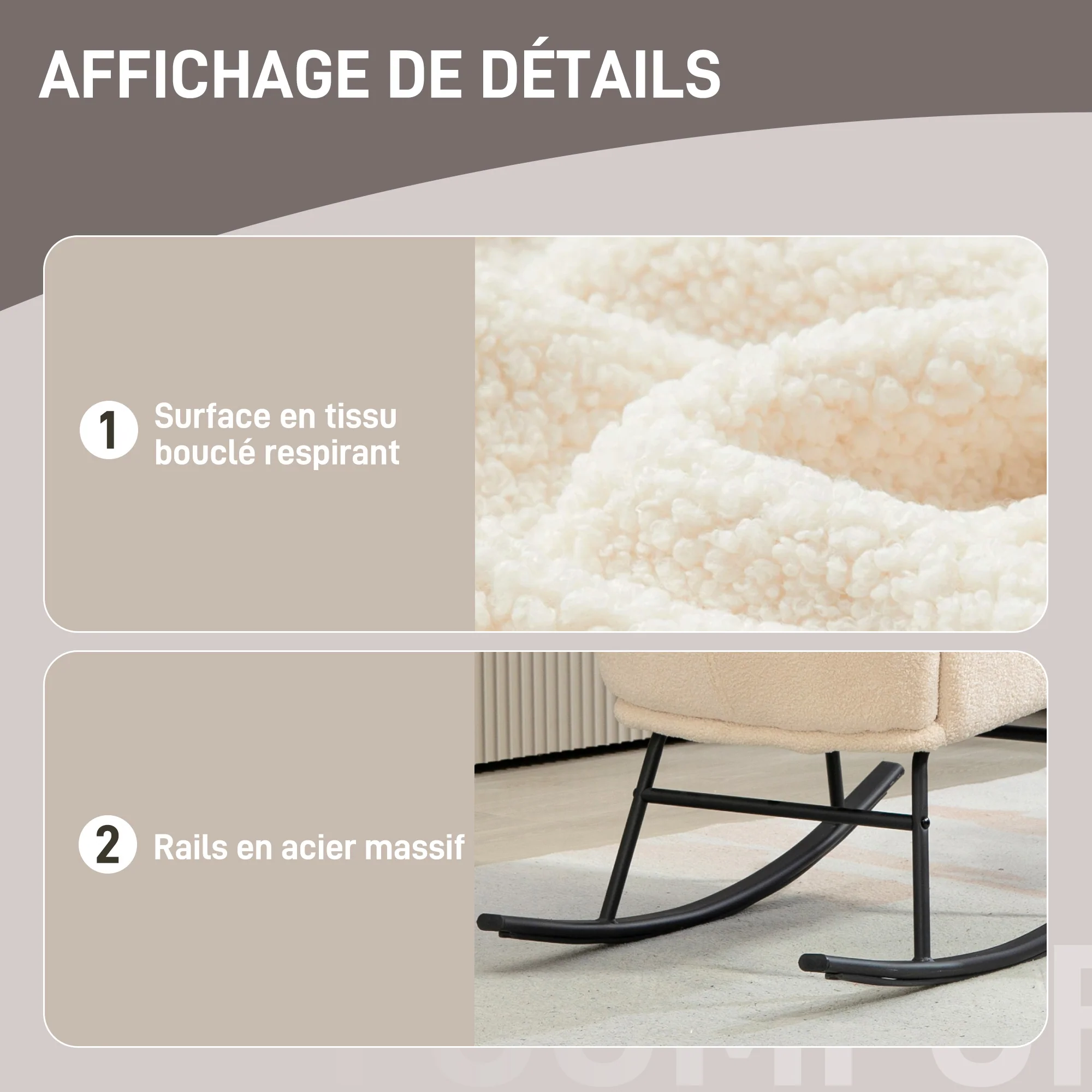 Fauteuil à bascule, chaise à bascule, avec assise de 10 cm d'épaisseur, pieds incurvés en acier, capacité de charge 120 kg, pour salon, chambre, balcon, beige et noir - Image 7