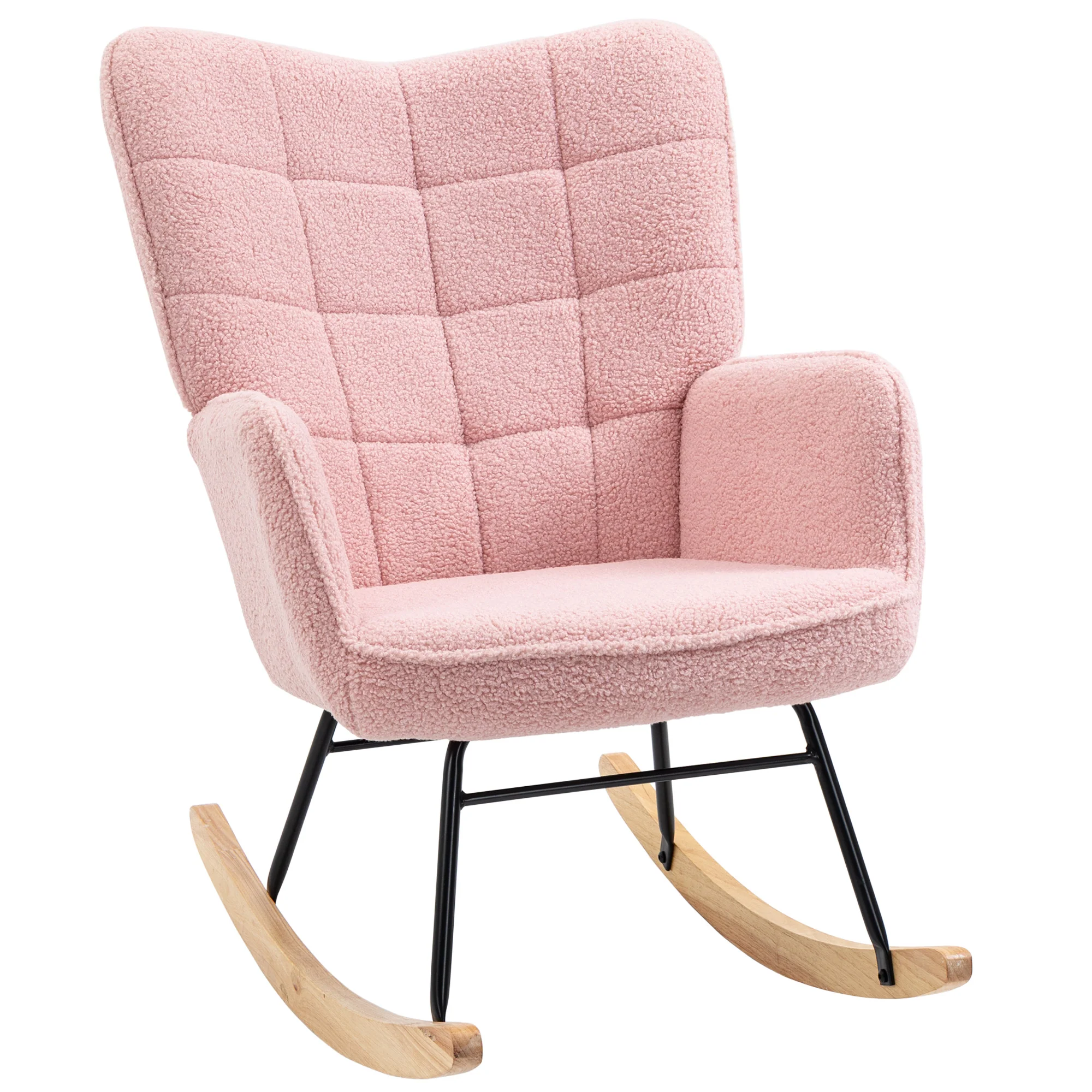 Fauteuil à bascule, rocking chair, revêtement bouclette, fauteuil allaitement, chaise à bascule, structure en acier, pieds en bois massif, rose - Image 2