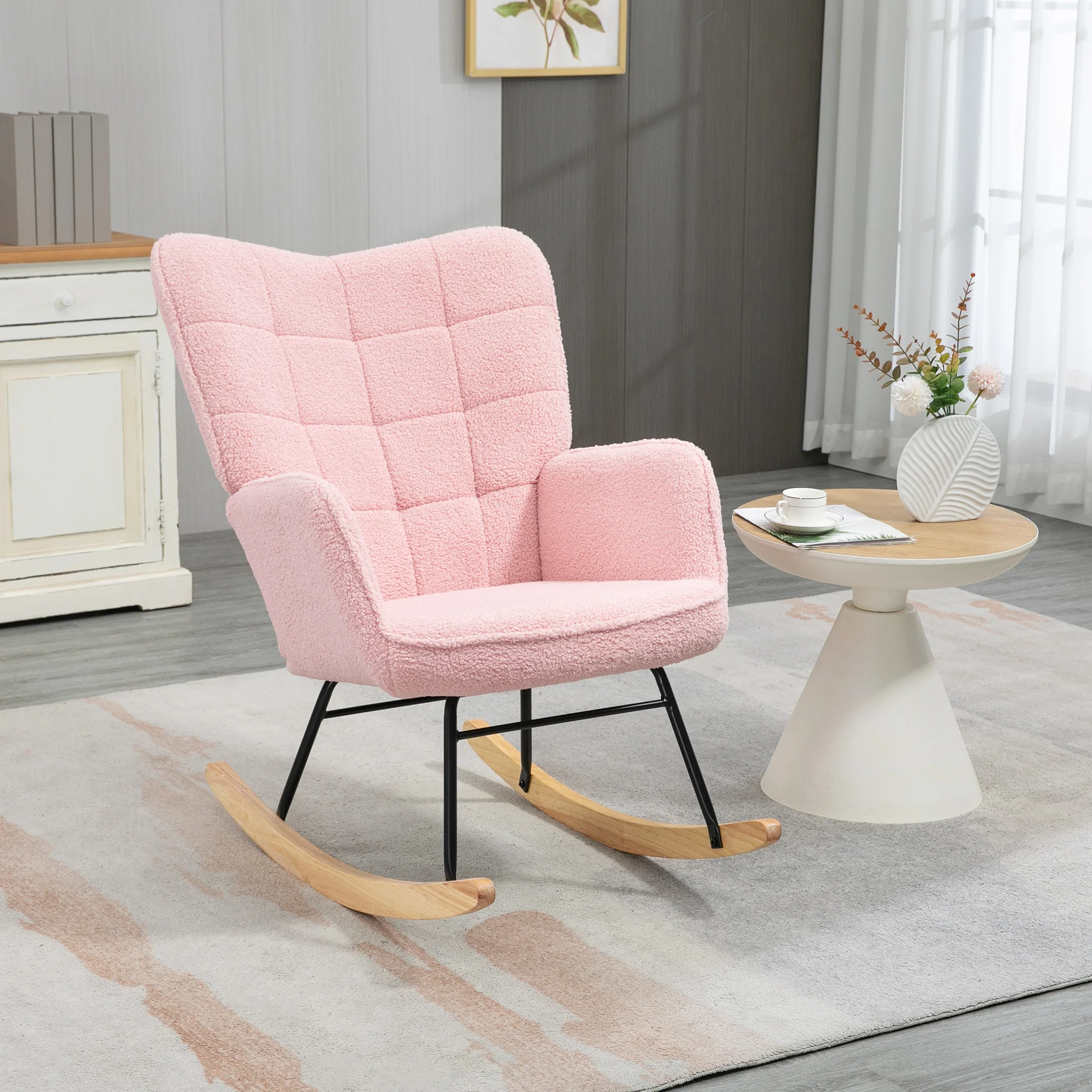 Fauteuil à bascule, rocking chair, revêtement bouclette, fauteuil allaitement, chaise à bascule, structure en acier, pieds en bois massif, rose - Image 3
