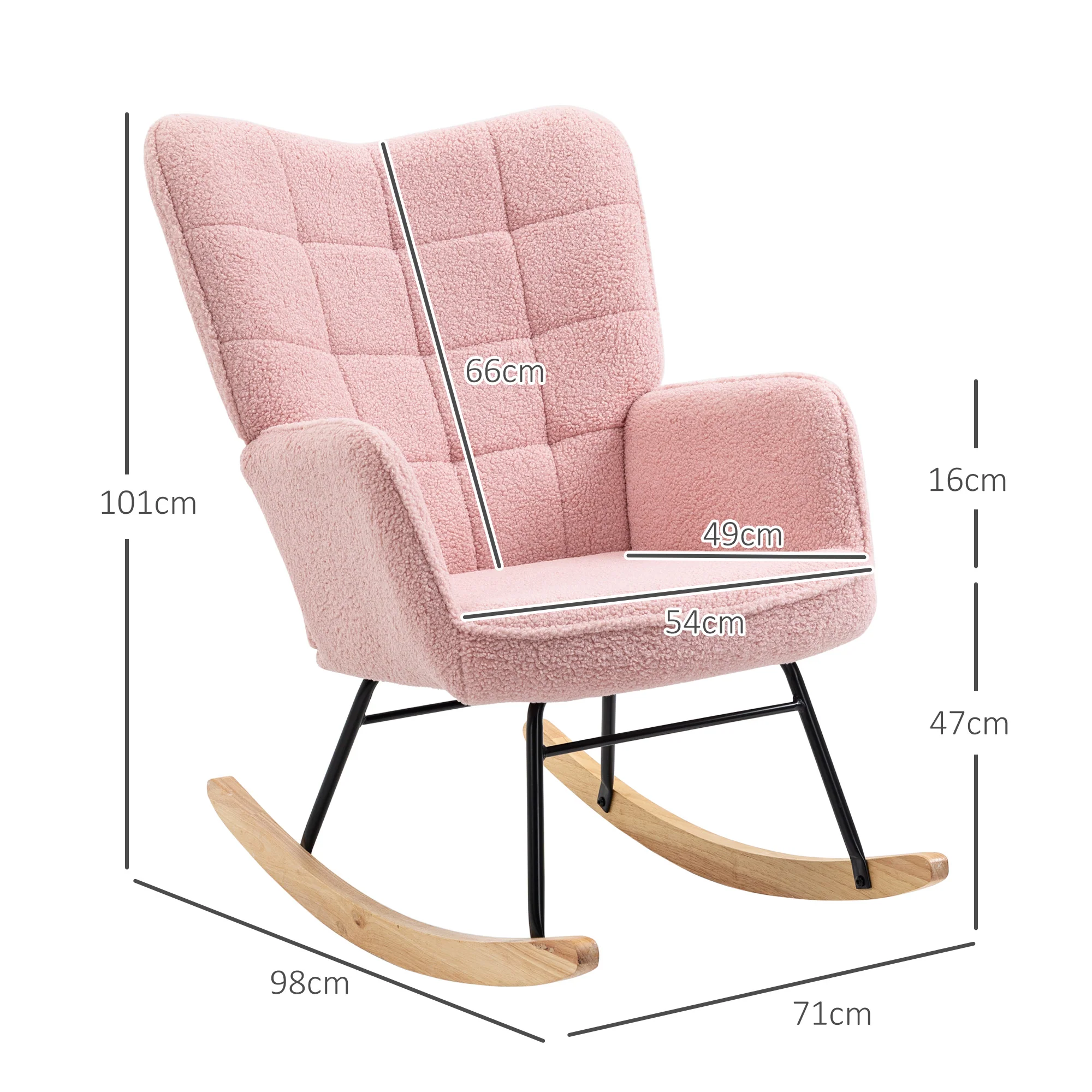 Fauteuil à bascule, rocking chair, revêtement bouclette, fauteuil allaitement, chaise à bascule, structure en acier, pieds en bois massif, rose - Image 4