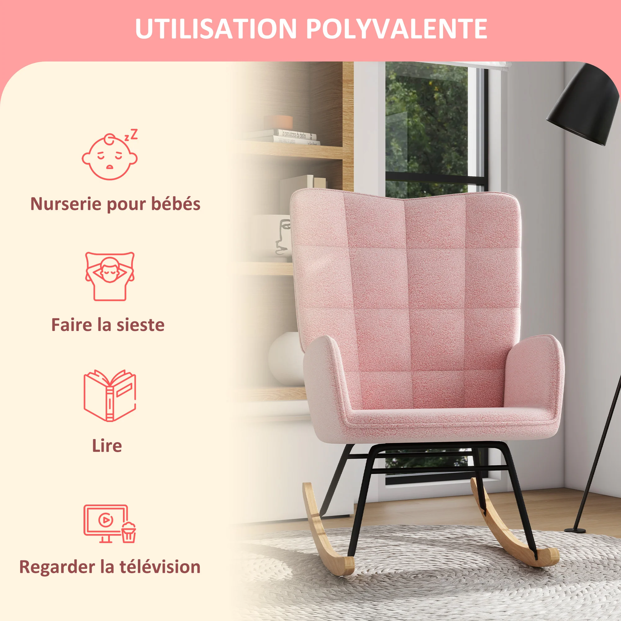 Fauteuil à bascule, rocking chair, revêtement bouclette, fauteuil allaitement, chaise à bascule, structure en acier, pieds en bois massif, rose - Image 7