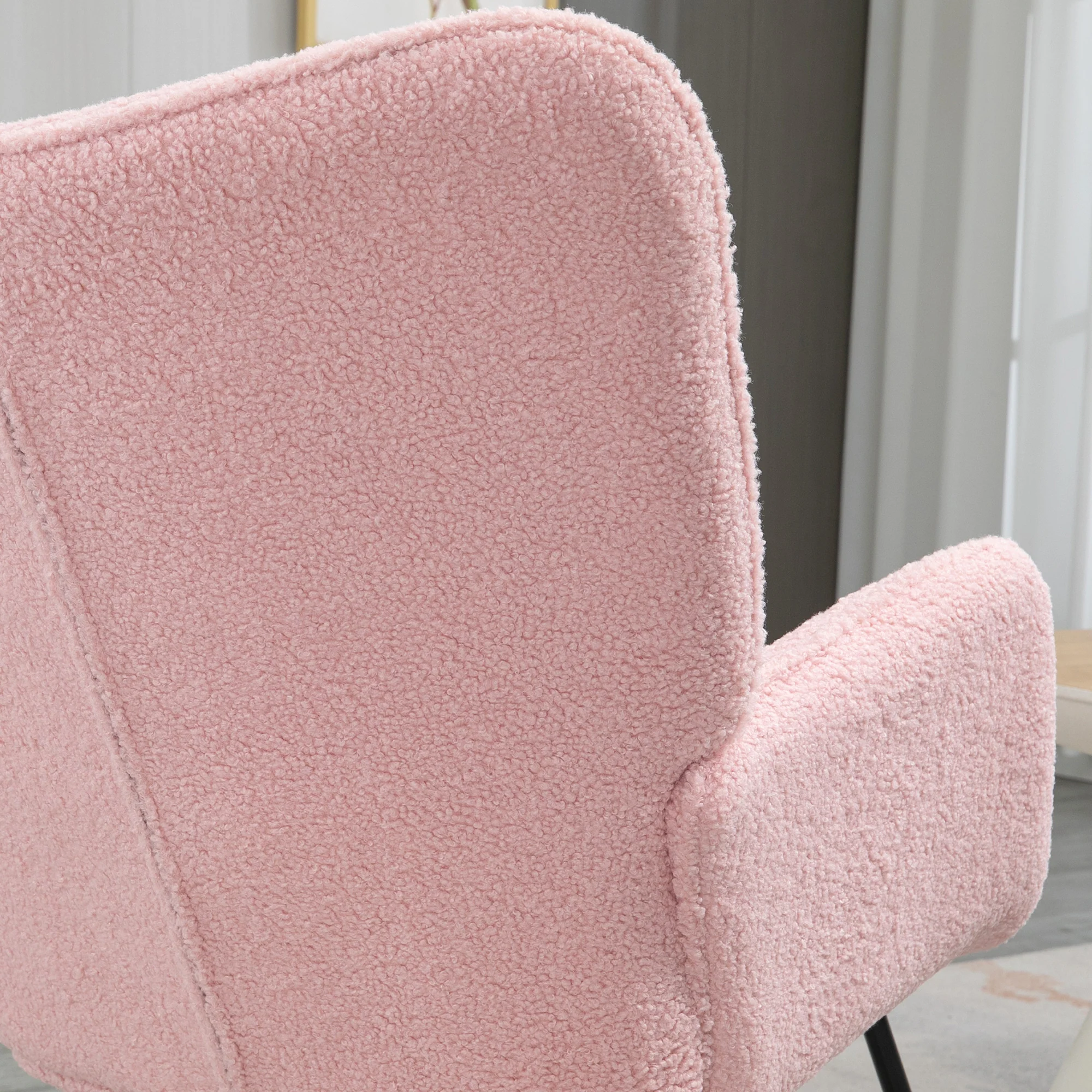 Fauteuil à bascule, rocking chair, revêtement bouclette, fauteuil allaitement, chaise à bascule, structure en acier, pieds en bois massif, rose - Image 9