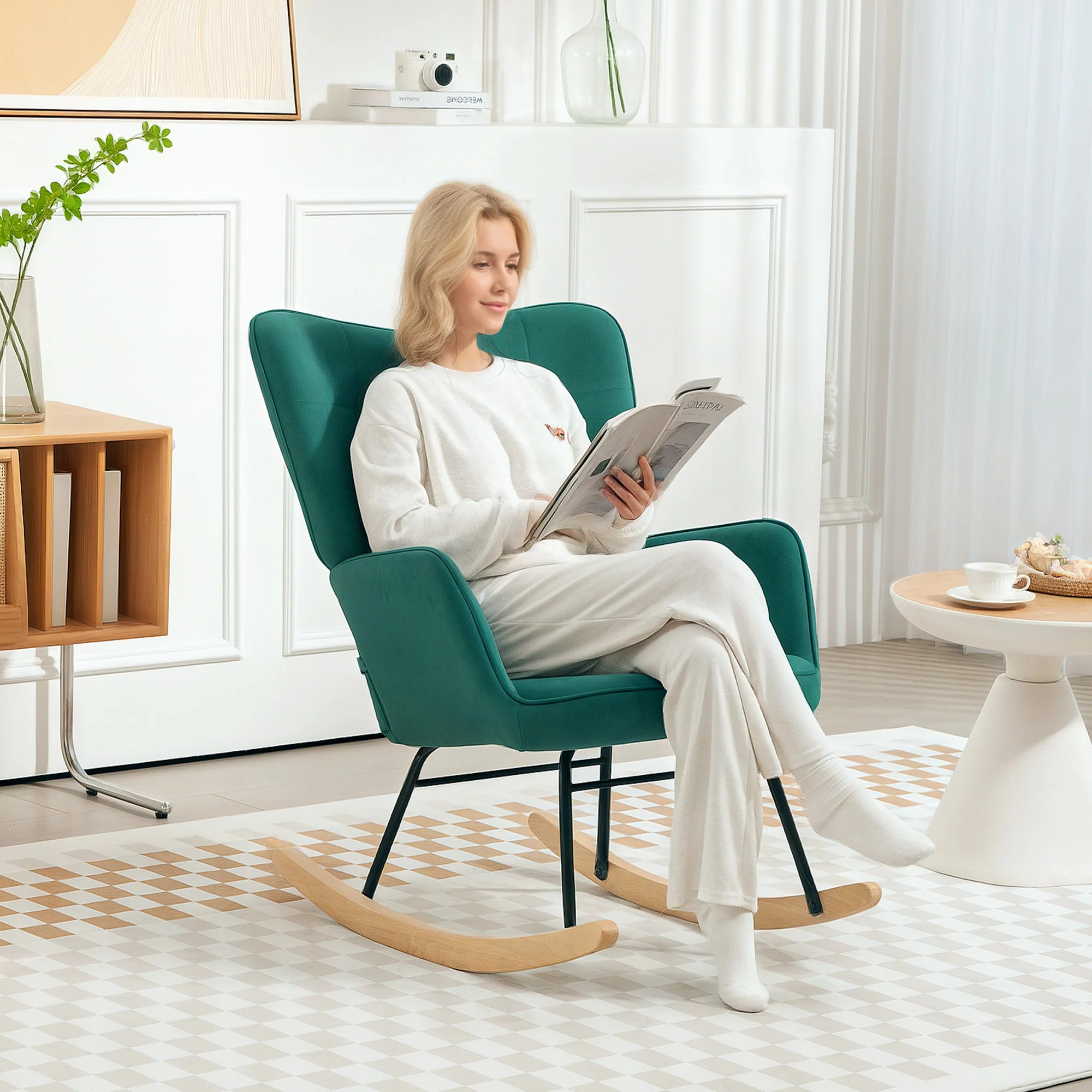 Fauteuil à bascule, rocking chair, revêtement en velours, fauteuil allaitement, chaise à bascule, structure en acier, pieds en bois massif, vert foncé - Image 3