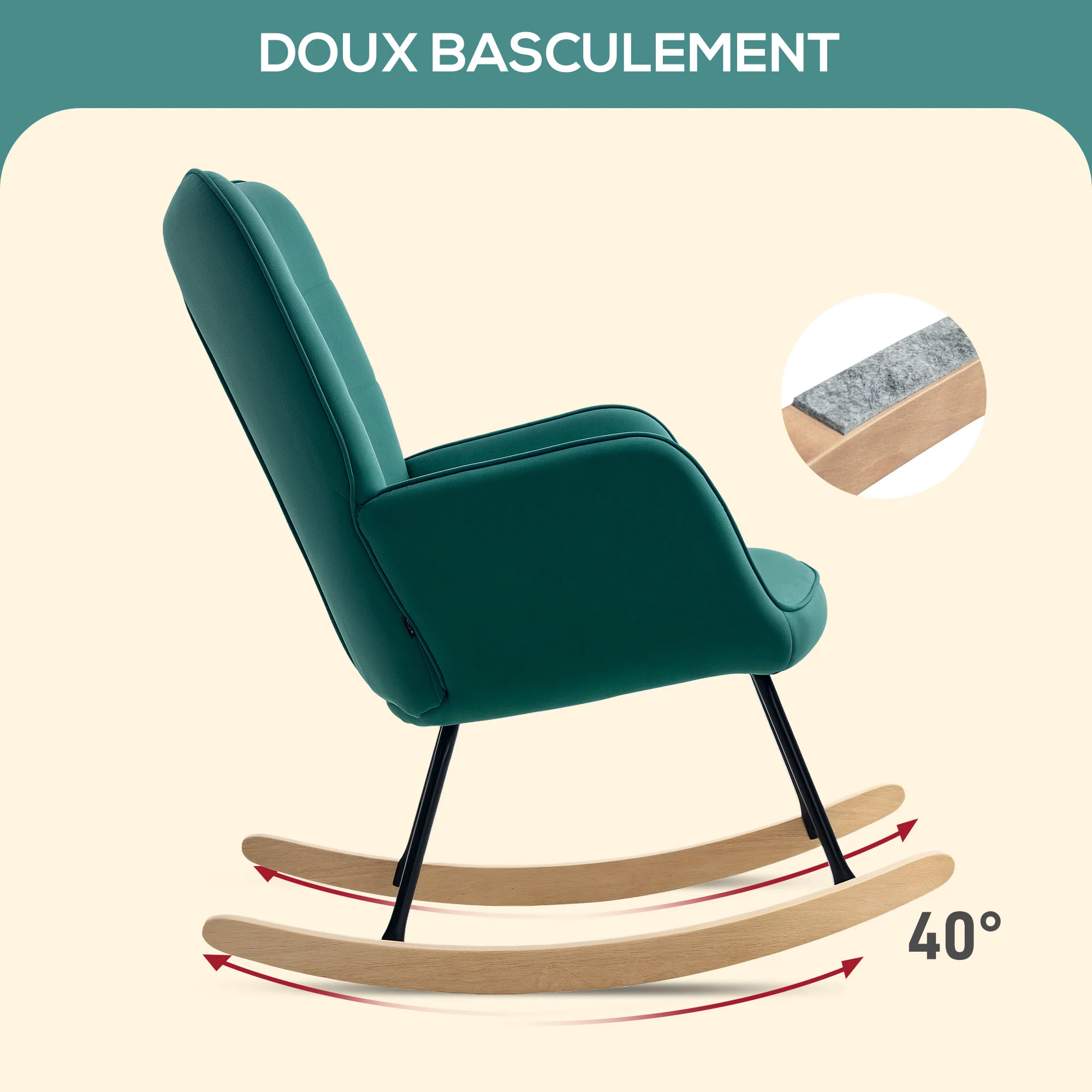 Fauteuil à bascule, rocking chair, revêtement en velours, fauteuil allaitement, chaise à bascule, structure en acier, pieds en bois massif, vert foncé - Image 5