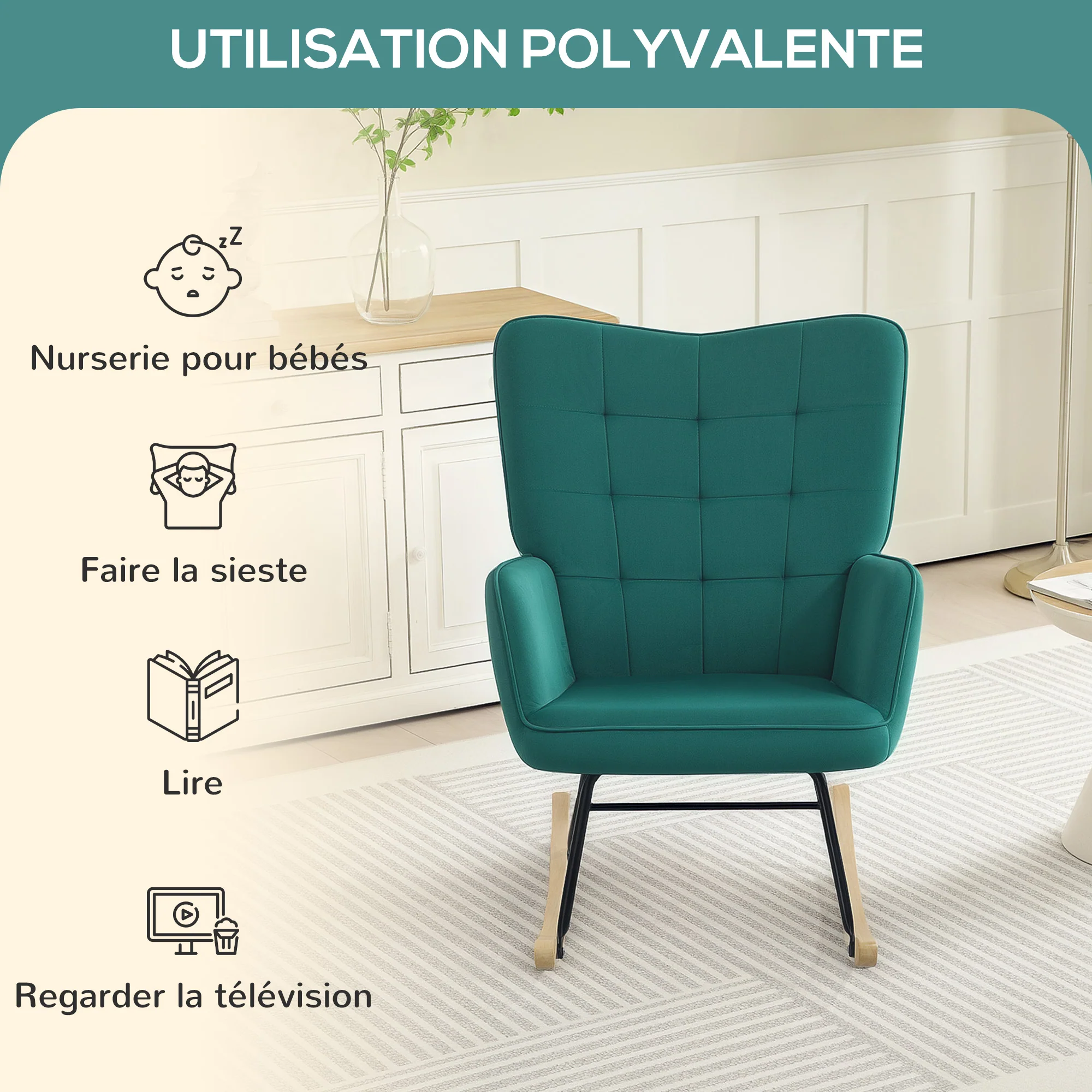 Fauteuil à bascule, rocking chair, revêtement en velours, fauteuil allaitement, chaise à bascule, structure en acier, pieds en bois massif, vert foncé - Image 7