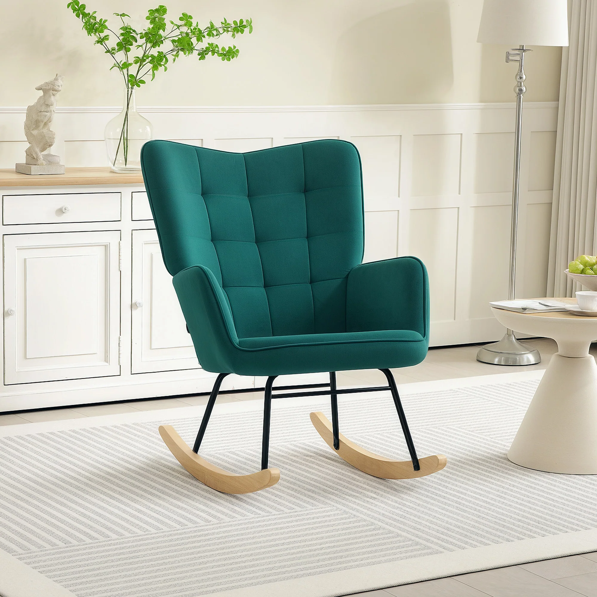 Fauteuil à bascule, rocking chair, revêtement en velours, fauteuil allaitement, chaise à bascule, structure en acier, pieds en bois massif, vert foncé - Image 8
