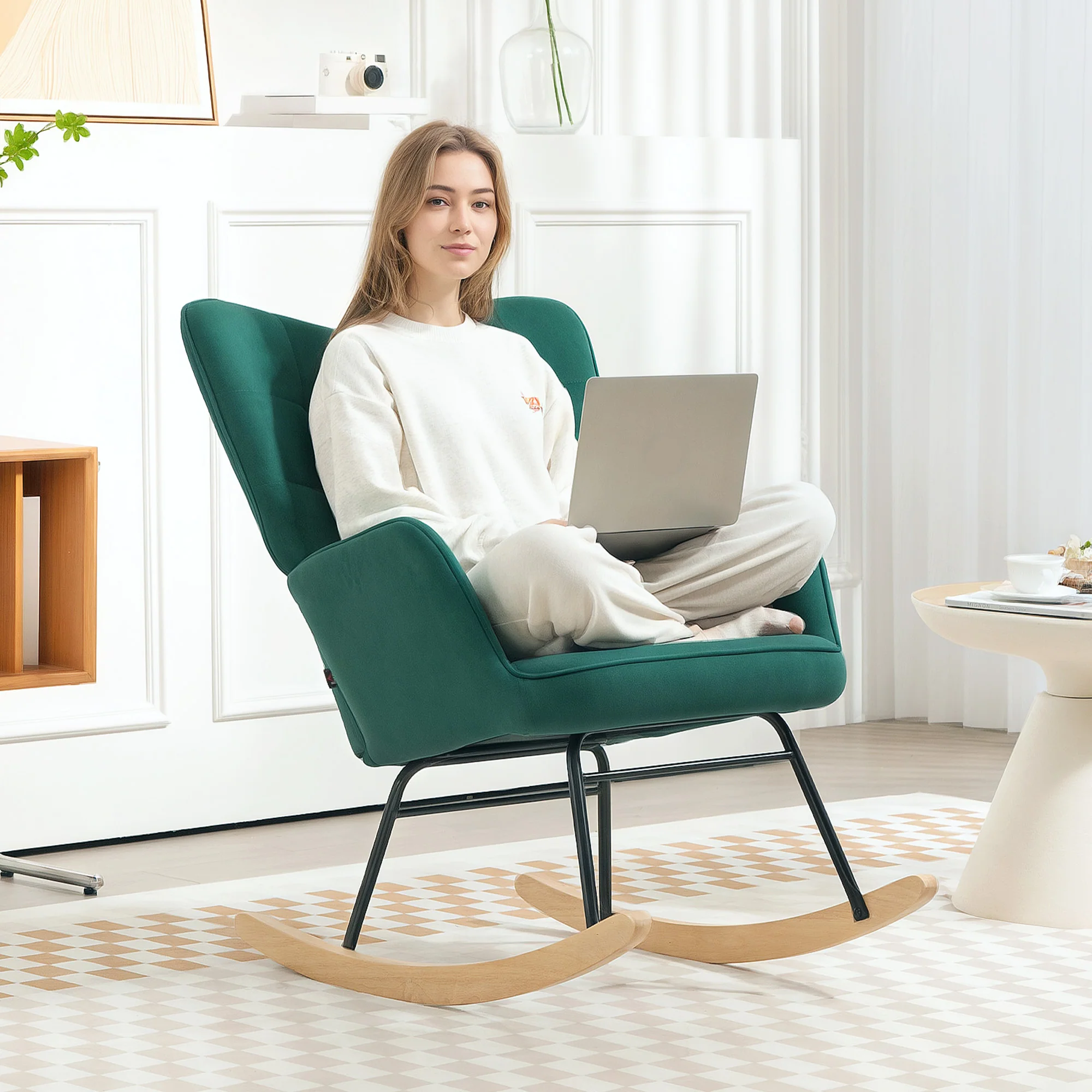 Fauteuil à bascule, rocking chair, revêtement en velours, fauteuil allaitement, chaise à bascule, structure en acier, pieds en bois massif, vert foncé - Image 9