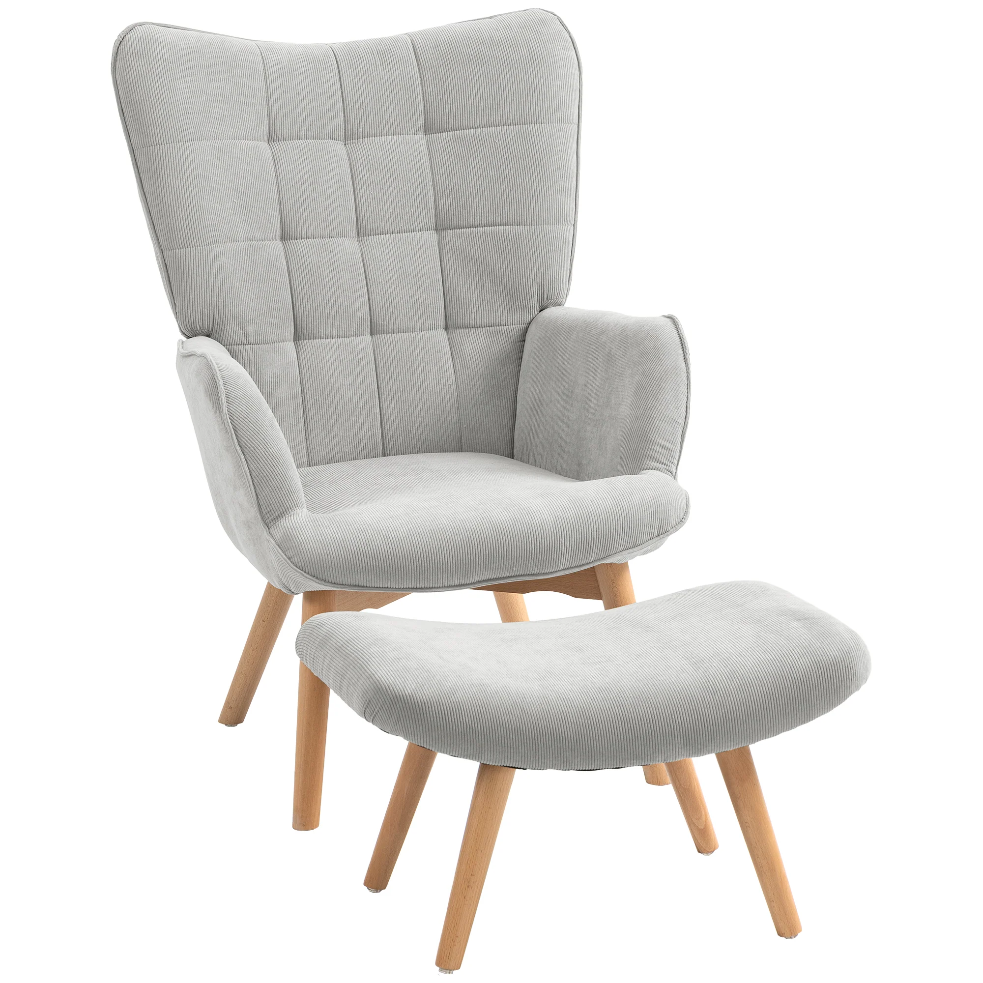 Fauteuil avec repose pied, fauteuil salon avec pieds en bois, dossier haut et tissu aspect velours c?telé, pour salon chambre à coucher gris